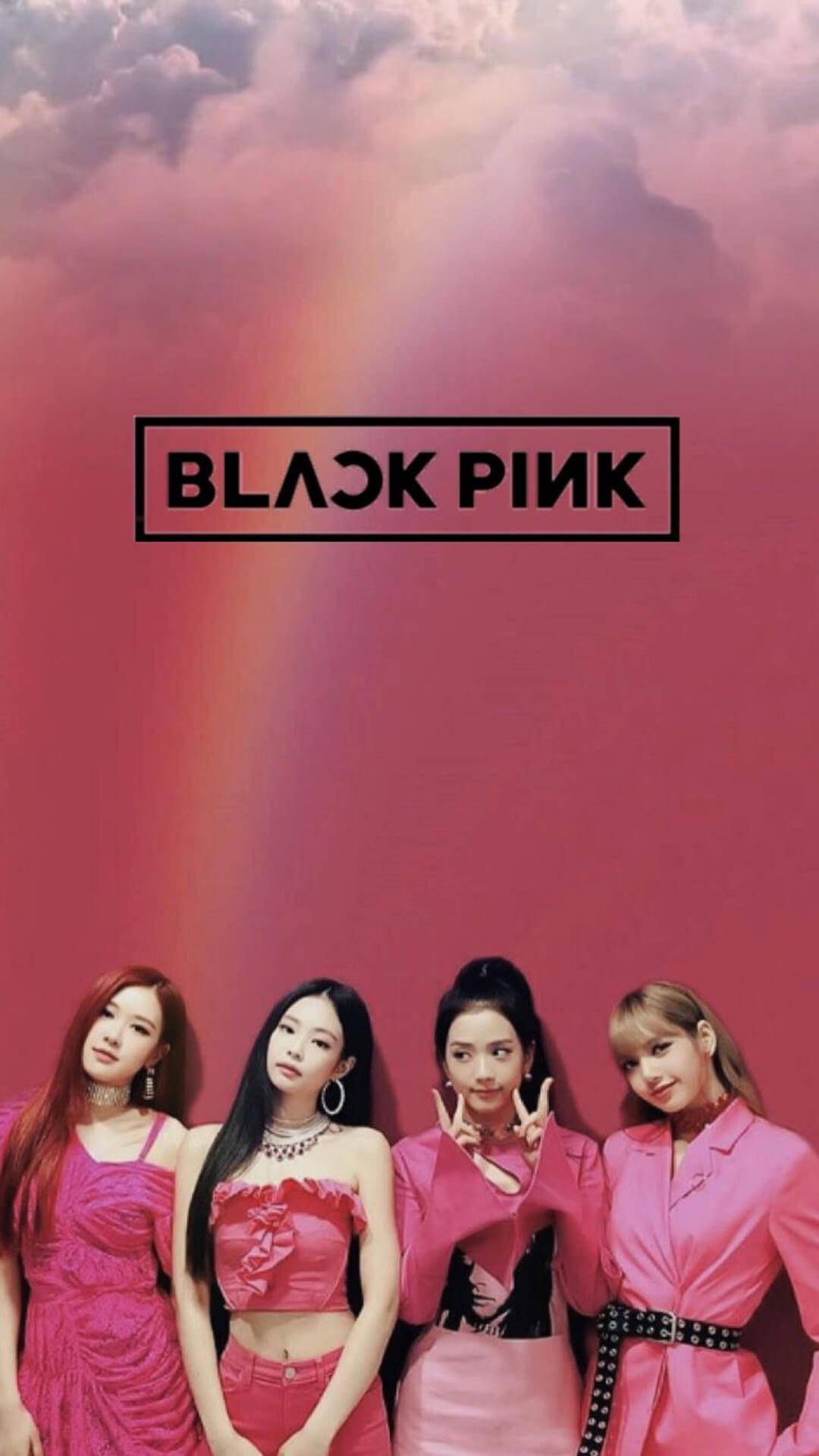 BLACKPINK 桌布 壁紙 — 四位身穿粉紅色服裝的女性在帶有彩虹和「BLACK PINK」標誌的粉紅色天空下自信地擺姿勢。