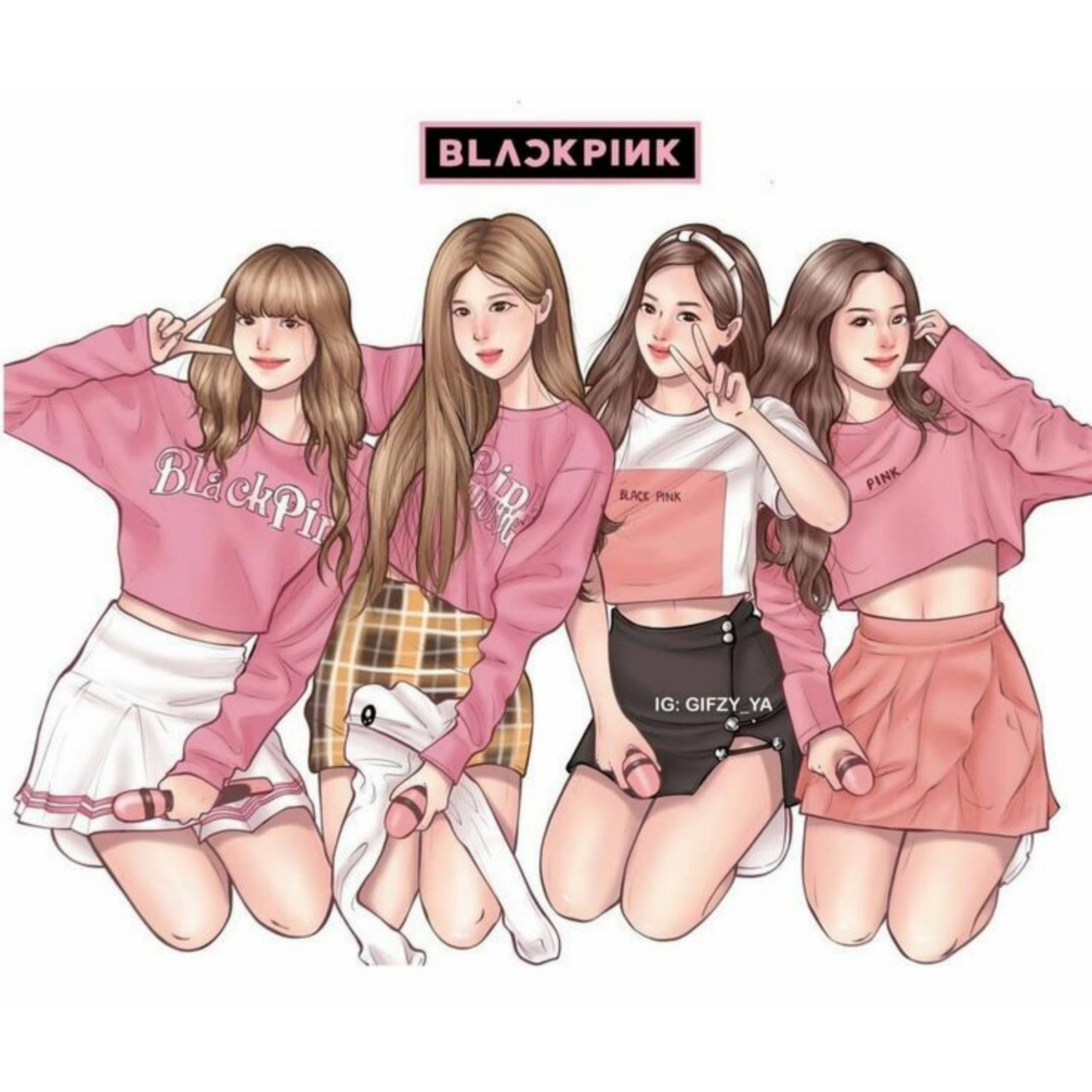 Blackpink Cartoon 桌布 壁紙 — 四位身穿粉紅色服裝的插畫K-pop偶像在純白色背景上愉快地擺姿勢，上方有BLACKPINK標誌。