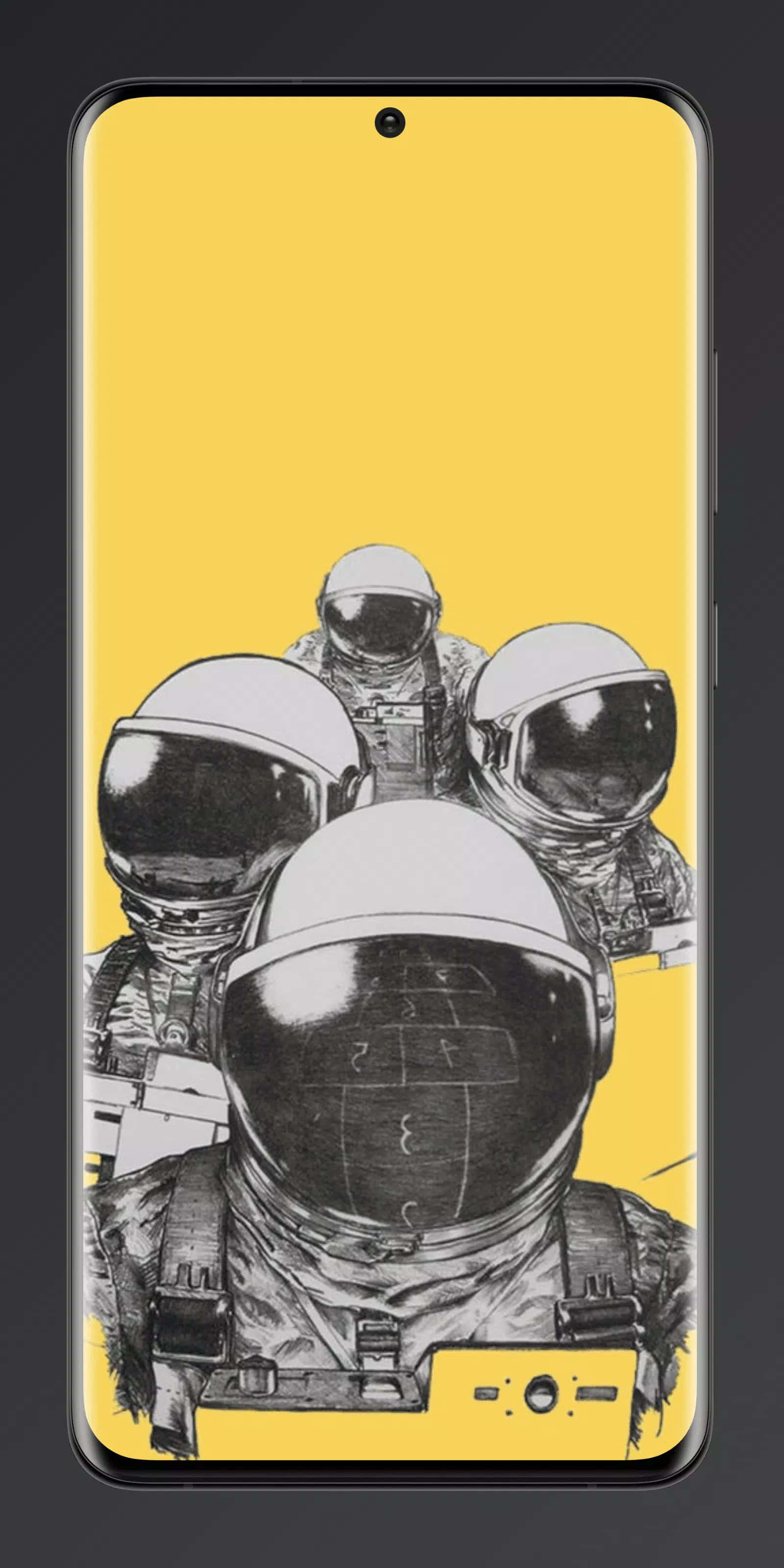 Gray And Yellow 桌布 壁紙 — 四位身穿精細太空衣的太空人站在大膽的黃色背景前，帶有手機框架。