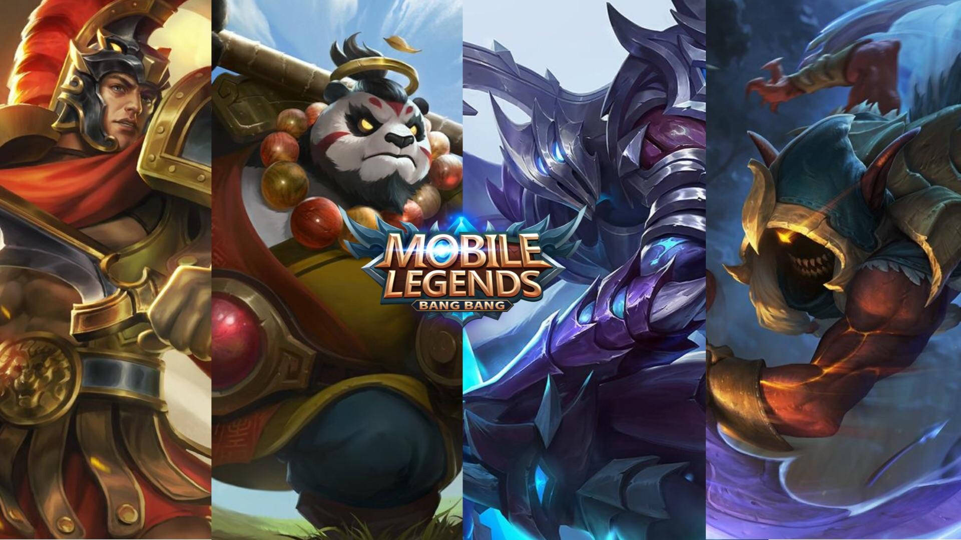 mobile legends logo 桌布 壁紙 — 四位身穿精細盔甲的奇幻遊戲英雄並肩站立，色彩鮮豔，燈光效果戲劇化。