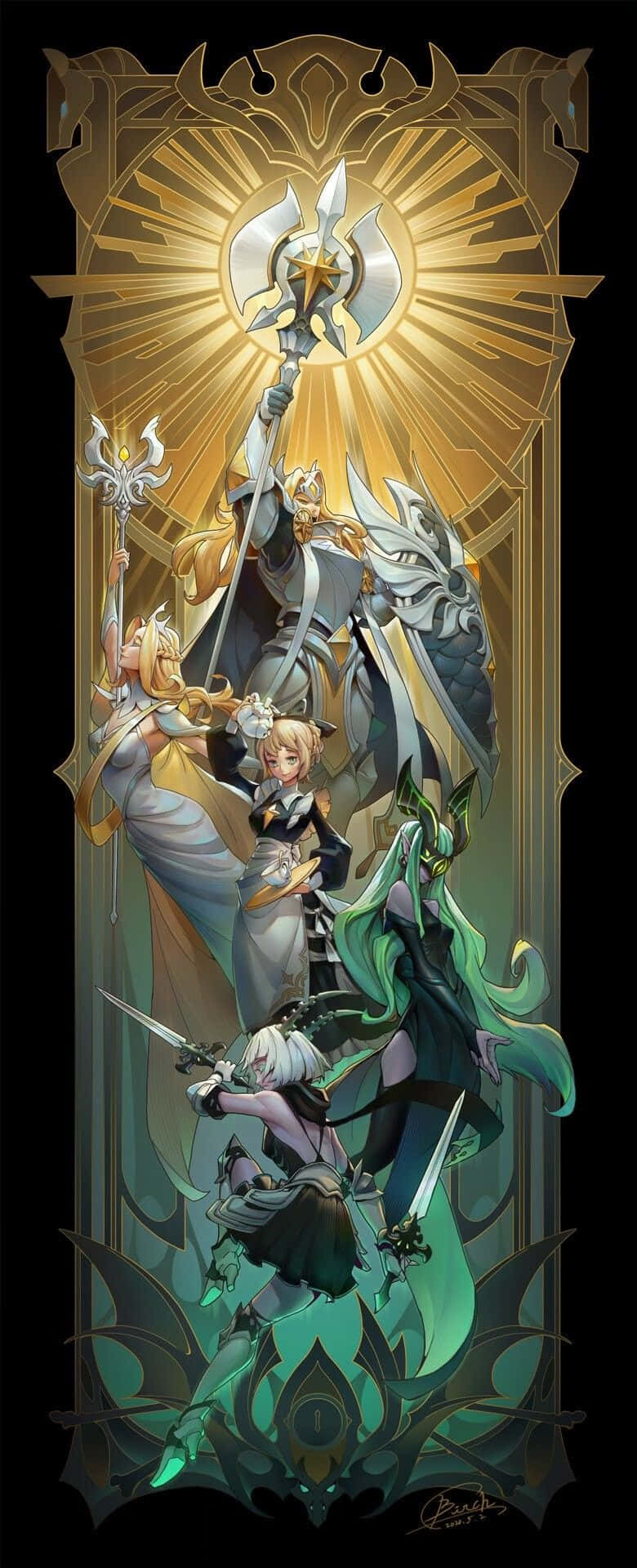 Afk Arena 桌布 壁紙 — 四位身穿華麗盔甲的奇幻戰士站在光芒四射的金色框架中，在神聖光芒下揮舞武器。