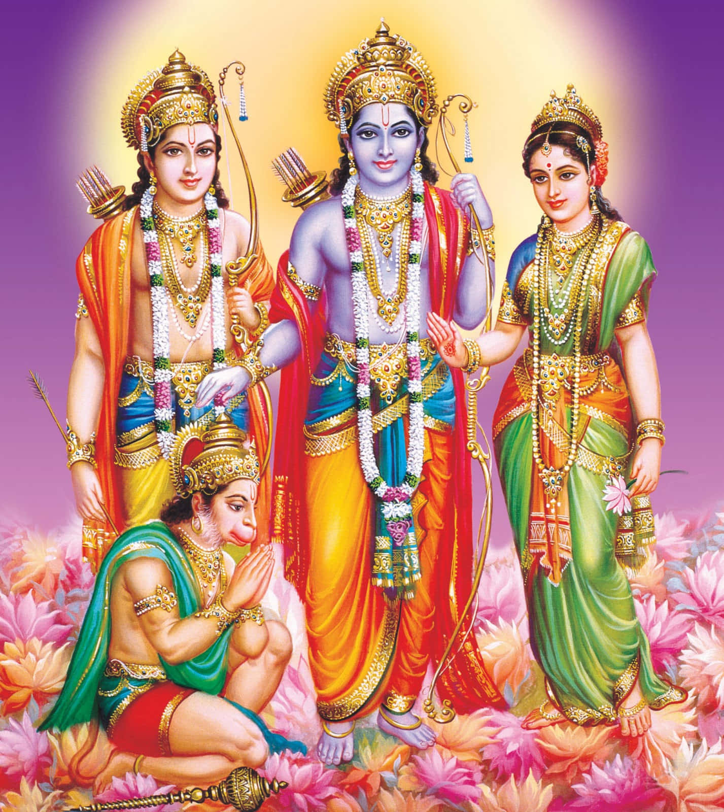 hanuman art 桌布 壁紙 — 四位身穿華麗金色服飾的神聖人物，站在鮮豔的粉紅色花朵中，沐浴在耀眼的紫色和黃色光環下。