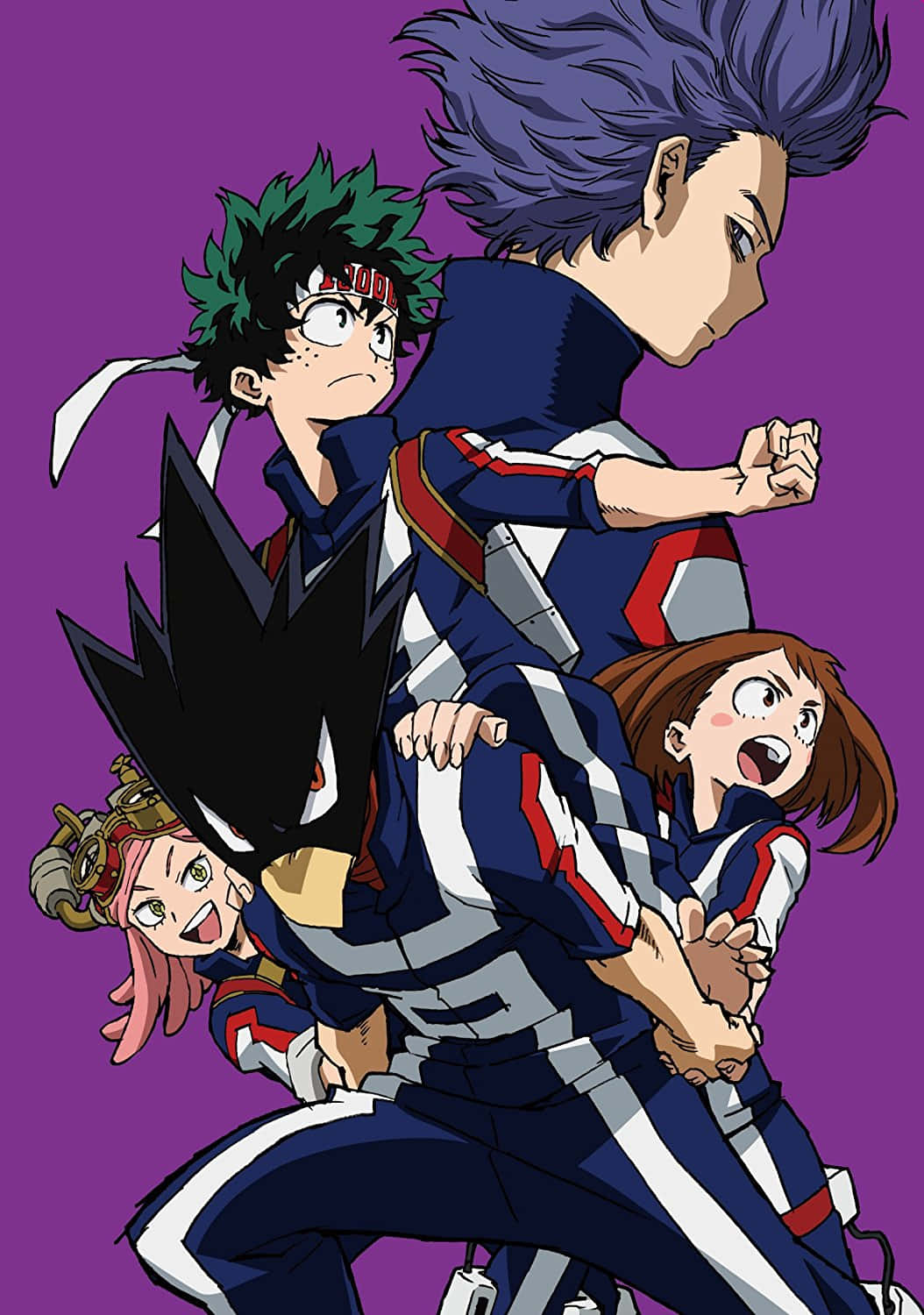 Fumikage Tokoyami 桌布 壁紙 — 四位身穿藍、紅、白色制服的動畫英雄，在純紫色背景前動感擺姿勢。
