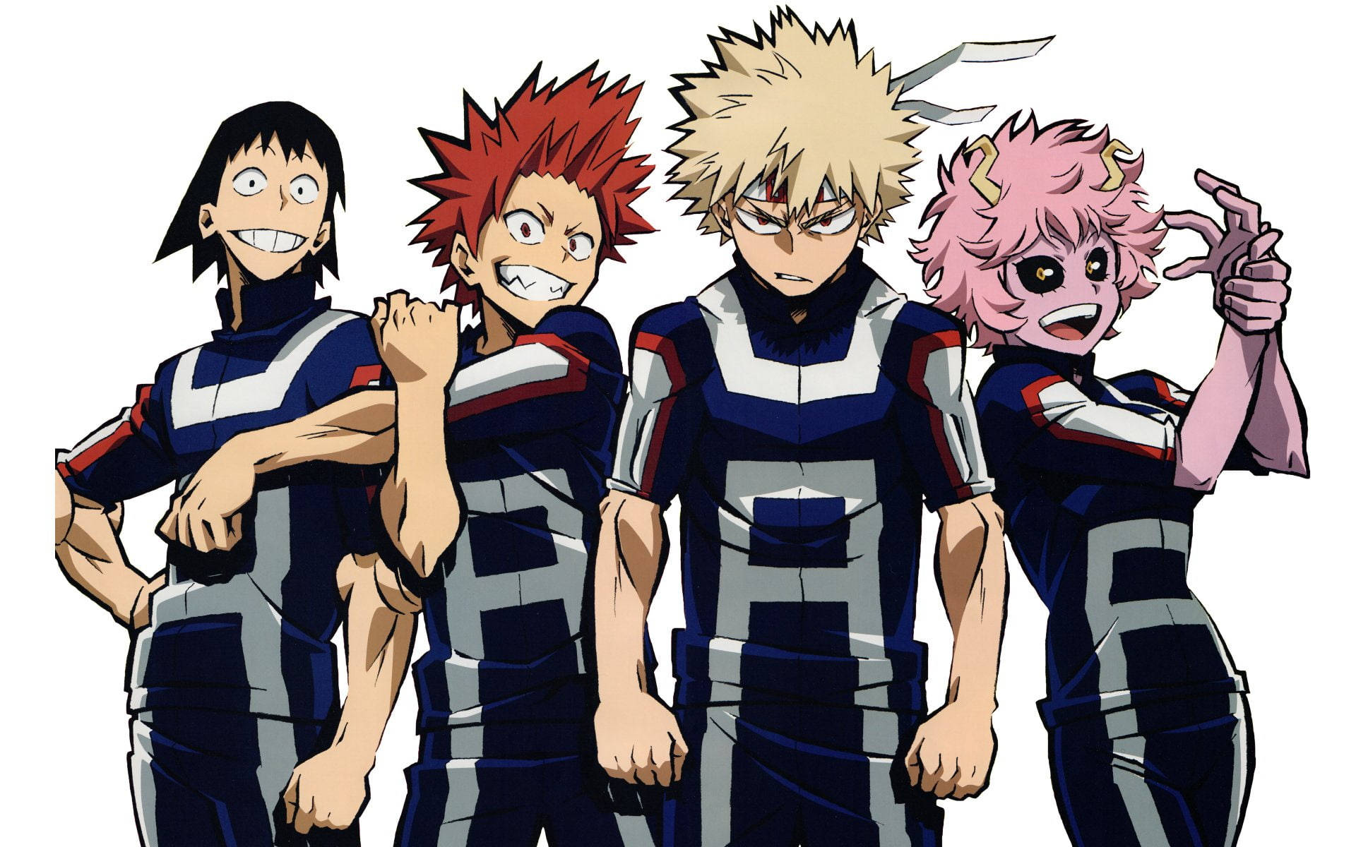 Kirishima 桌布 壁紙 — 四位身穿藍白制服的動畫英雄，在純白色背景前自信地擺出充滿動感的表情。