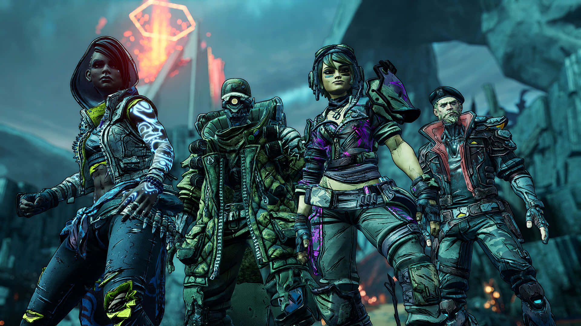 HD Borderlands 3 桌布 壁紙 — 四位身穿裝甲的未來戰士，在霓虹燈照亮的科幻廢墟中挑釁地站立，身後有發光的六角形結構。