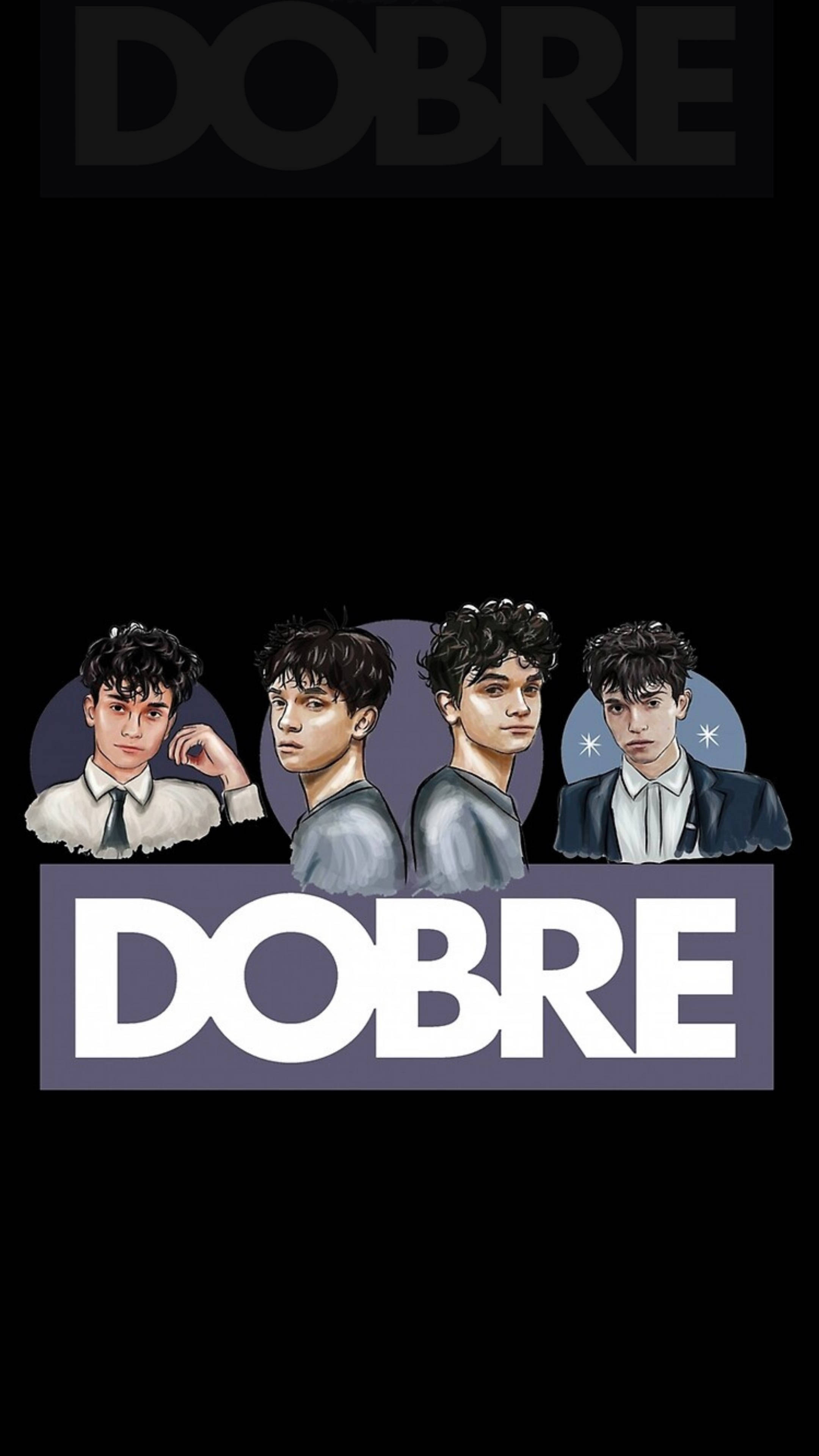 Dobre 桌布 壁紙 — 四位身穿西裝的插圖年輕男性在黑色背景前擺姿勢，並以粗體白色文字顯示「DOBRE」一詞。