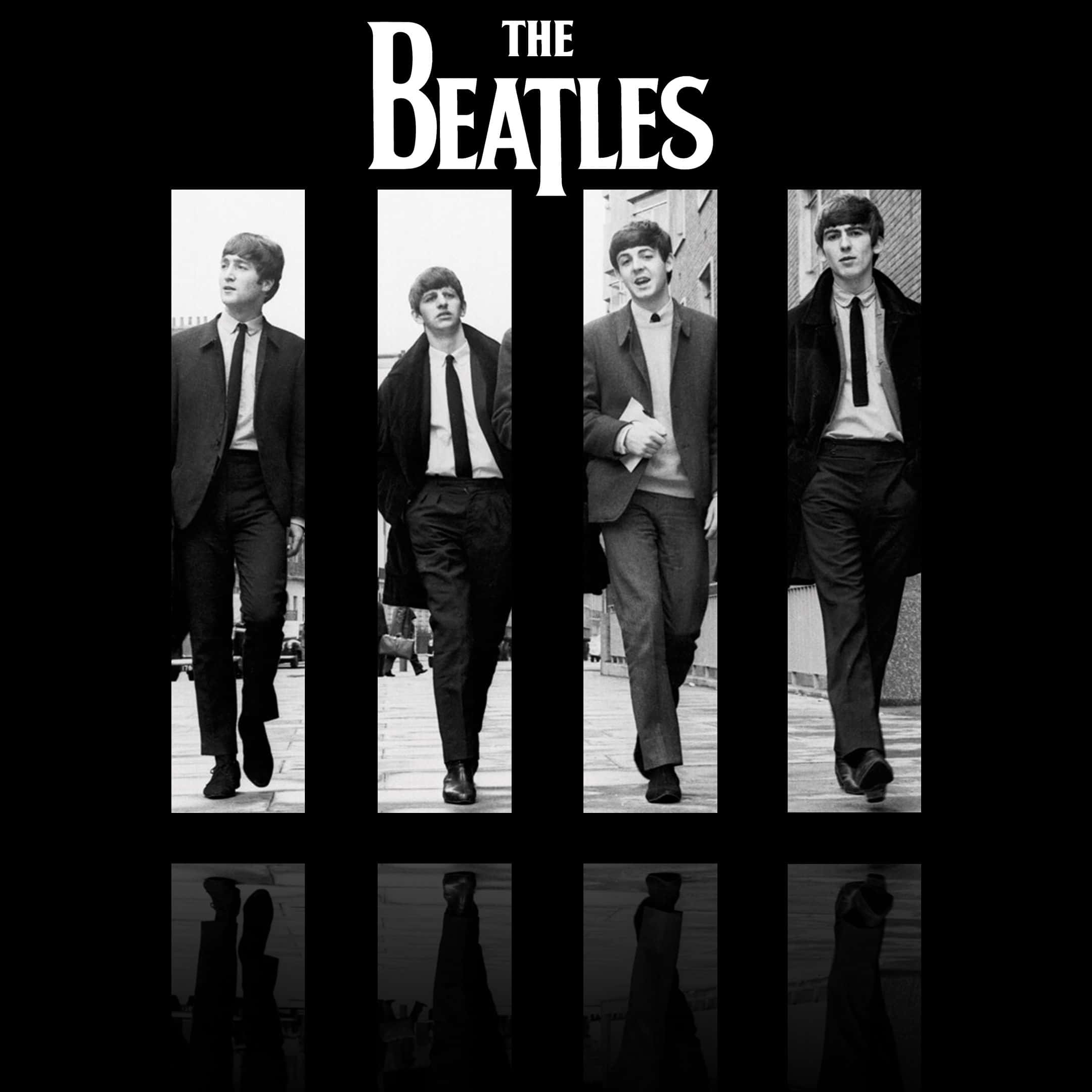 the beatles 桌布 壁紙 — 四位身穿西裝的男士自信地走過垂直面板，背景為純黑色，上方有粗體白色字樣「THE BEATLES」。