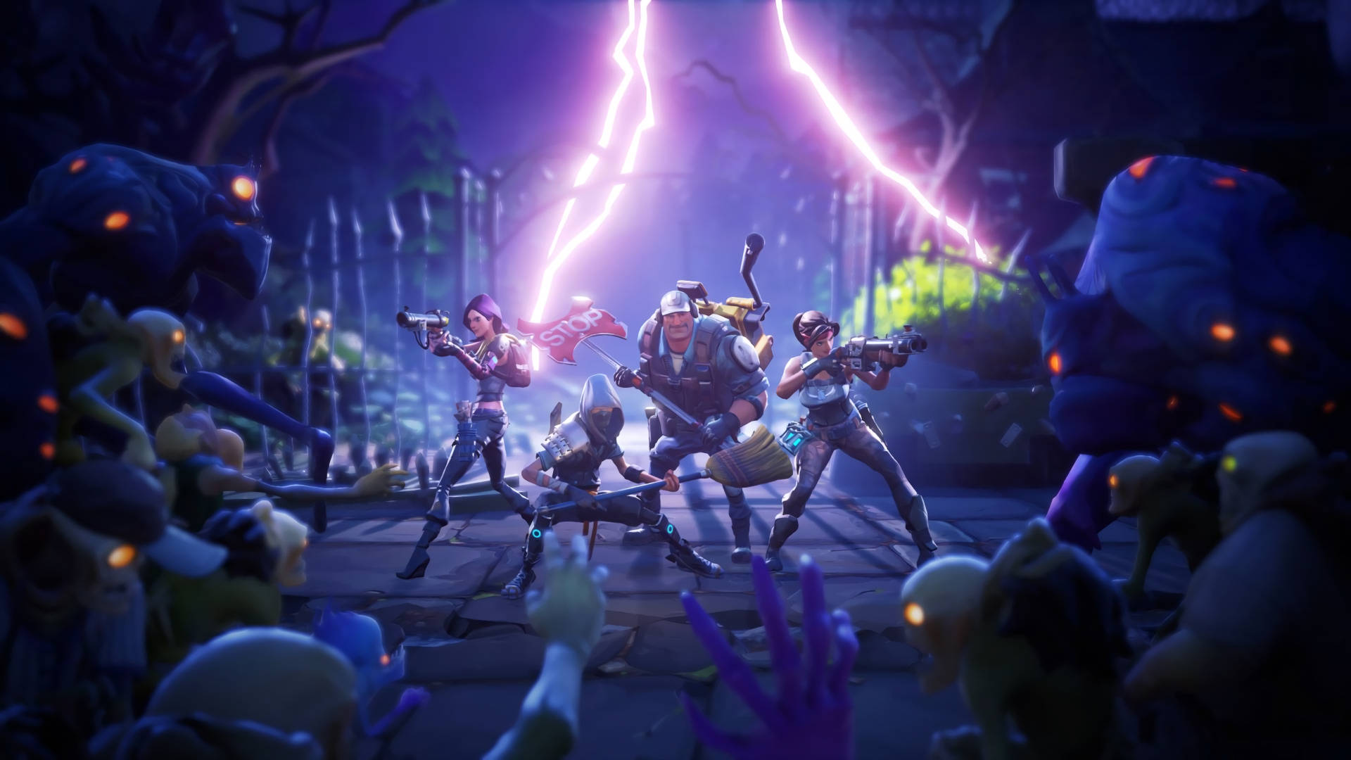 Fortnite 造型 桌布 壁紙 — 四位身穿鎧甲的戰士在暴風雨中的森林裡堅定站立，紫色閃電在他們周圍劈下，被發光眼睛的怪物包圍。