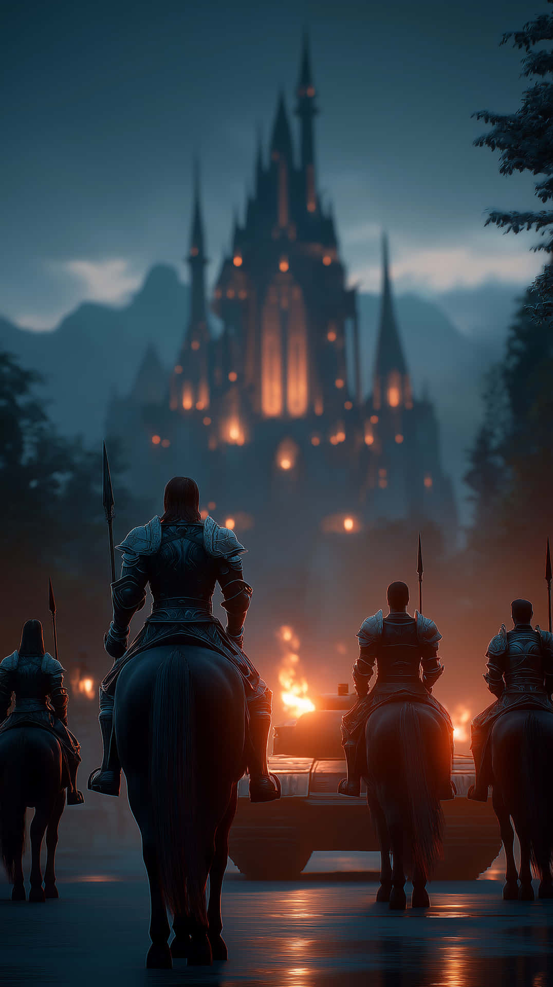 Knights on Horseback Approaching Lit Castle and Tank 壁紙 — 四位身穿鎧甲的騎士騎著馬，朝著一座在霧濛濛的暮色天空中閃耀著溫暖光芒的高聳哥德式城堡前進。