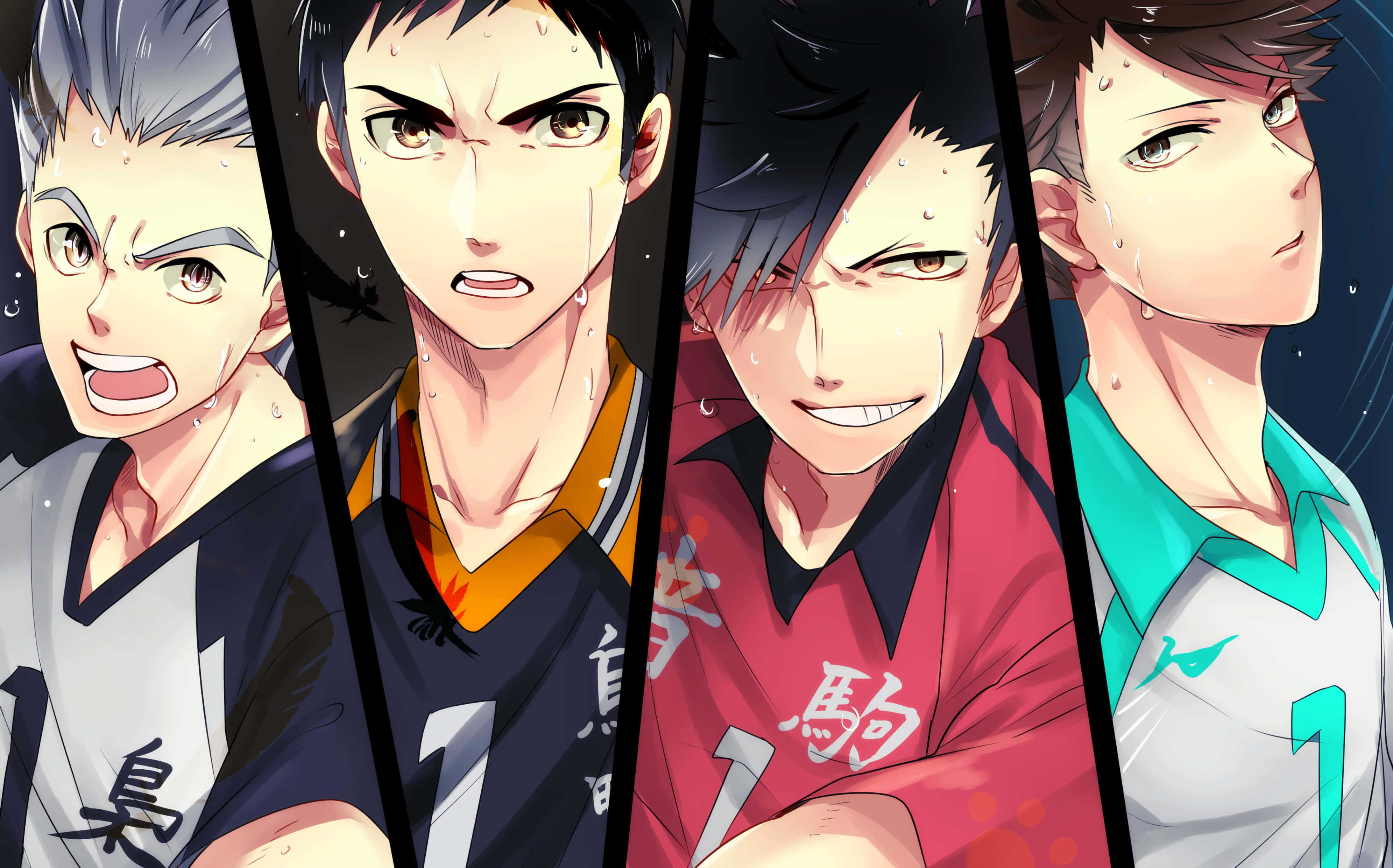 Aoba Johsai 桌布 壁紙 — 四位身穿隊服的動漫排球運動員在戲劇性燈光下汗流浹背，表情堅定。