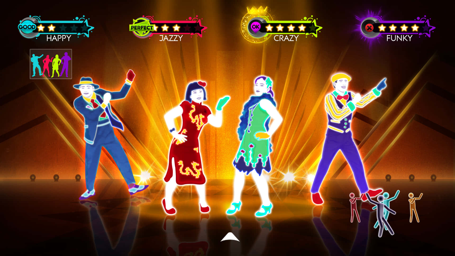 Just Dance 桌布 壁紙 — 四位身穿霓虹服裝的舞者在節奏遊戲介面中，於金色舞台燈光下擺出充滿活力的姿勢。