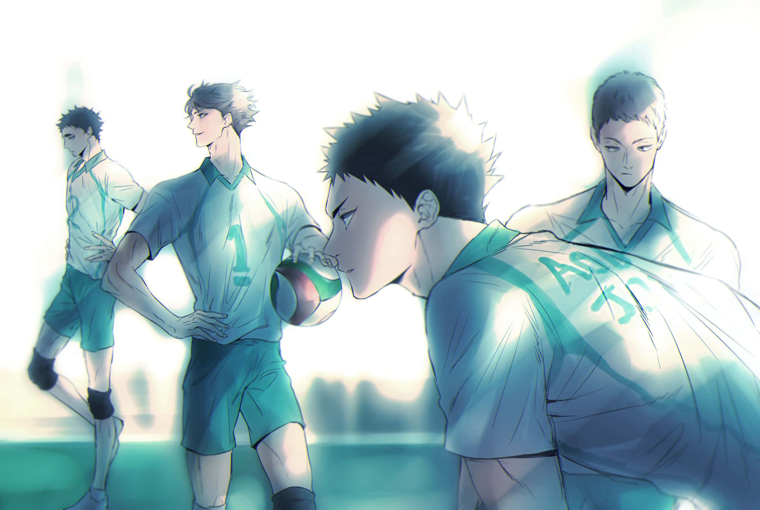 Aoba Johsai 桌布 壁紙 — 四位身穿青綠色制服嘅動漫排球選手，喺明亮背光同柔和陰影嘅球場上企緊。