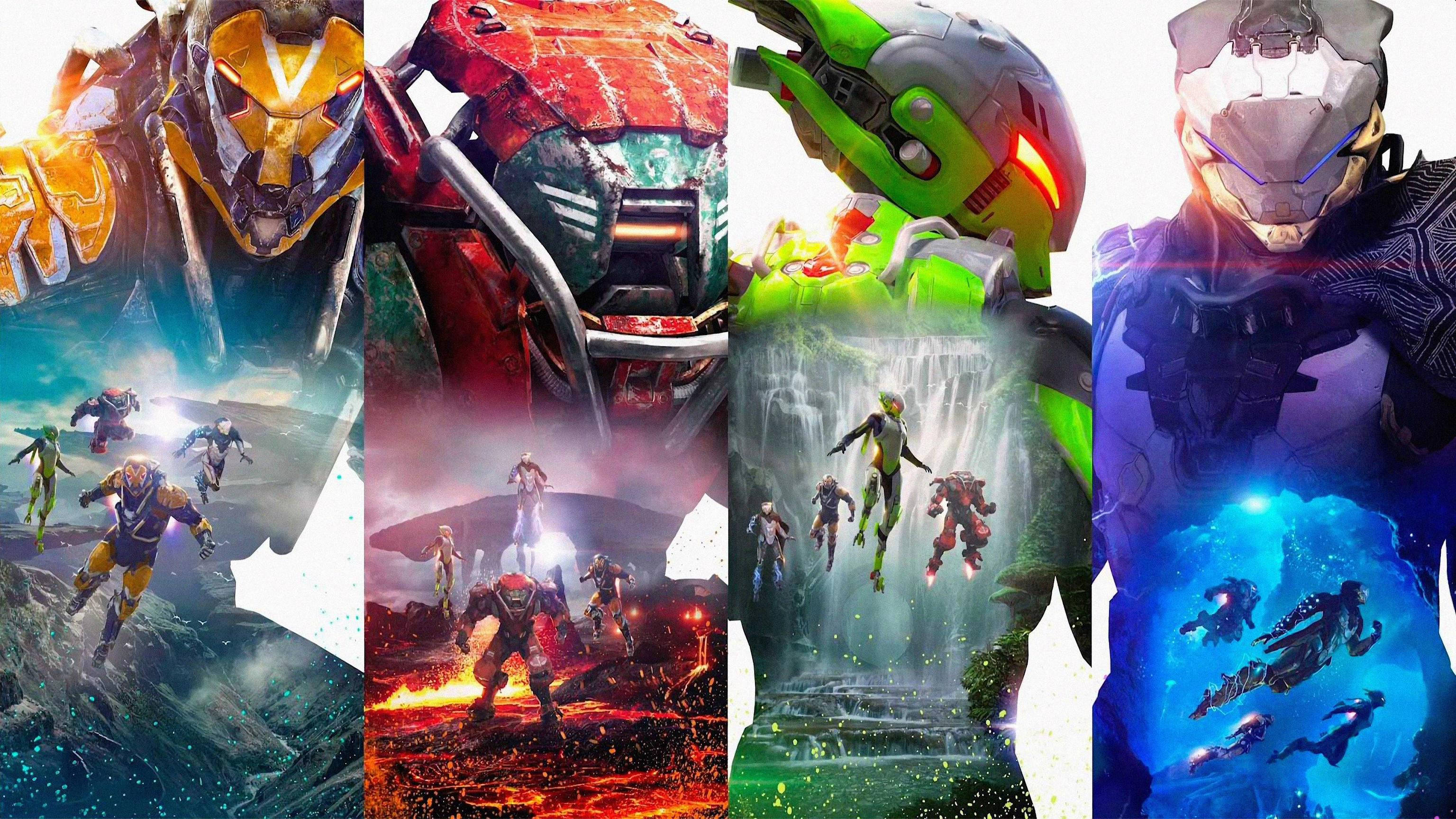 anthem 4K 桌布 壁紙 — 四位身穿鮮豔戰甲的戰士在熾熱的熔岩、發光的瀑布和宇宙景觀中戰鬥，呈現動態的科幻動作場景。