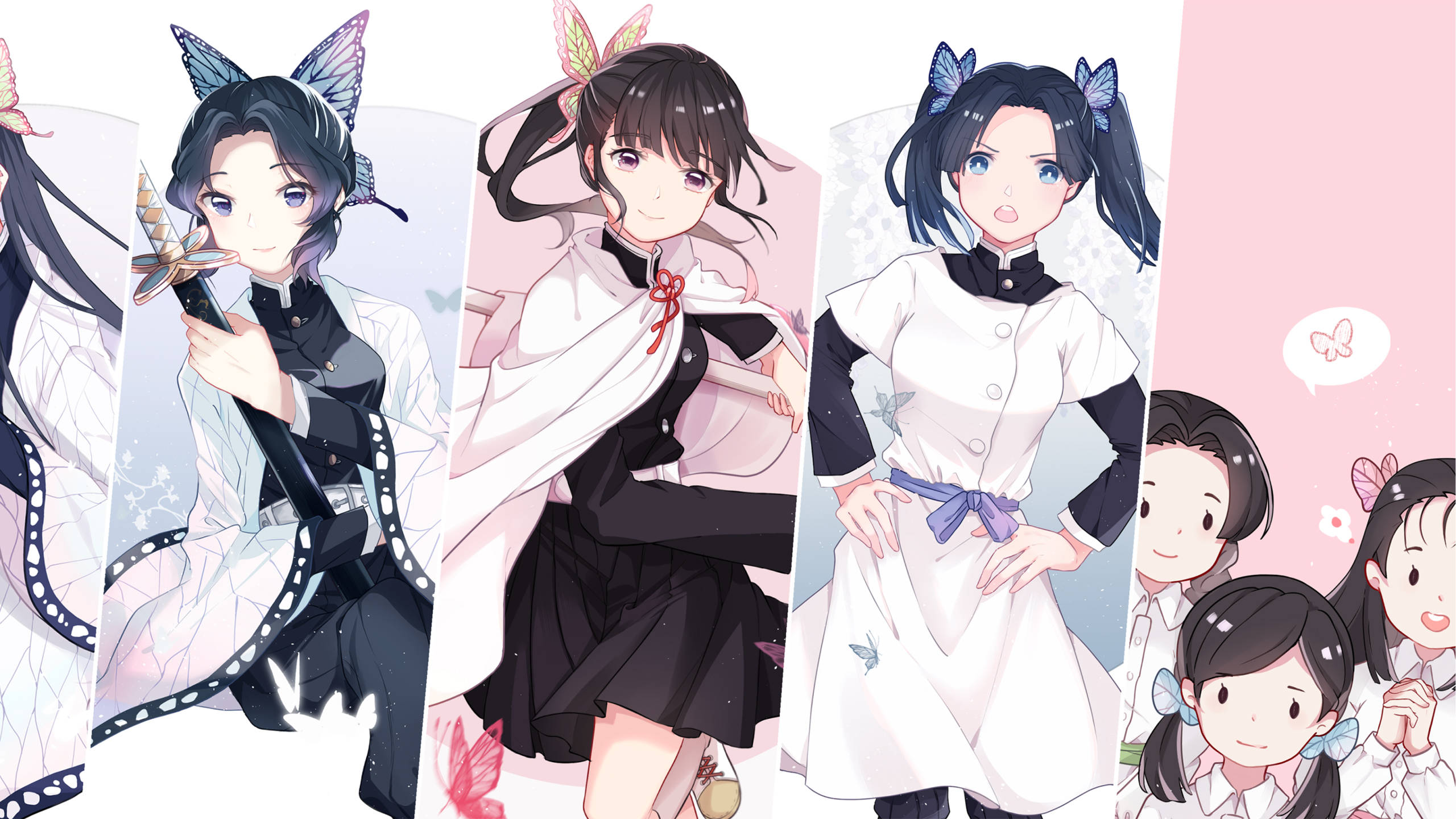 kanae kocho 桌布 壁紙 — 四位身穿黑白服裝、帶有蝴蝶圖案的動漫少女，在柔和的粉彩背景前擺姿勢。