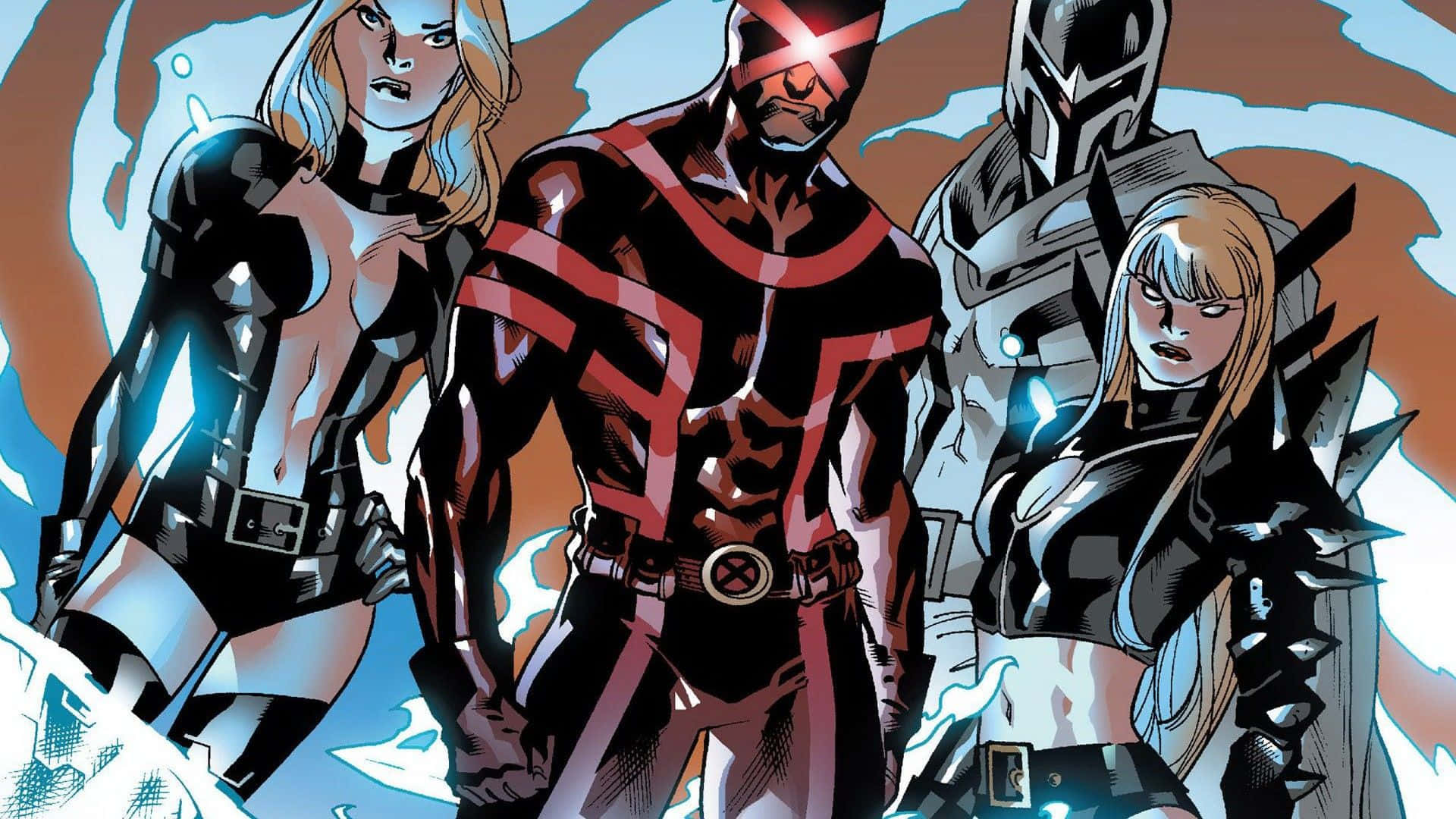 New Mutants 桌布 壁紙 — 四位身穿黑色和紅色服裝的漫畫超級英雄，英勇地站在旋轉的藍色和橙色背景前。
