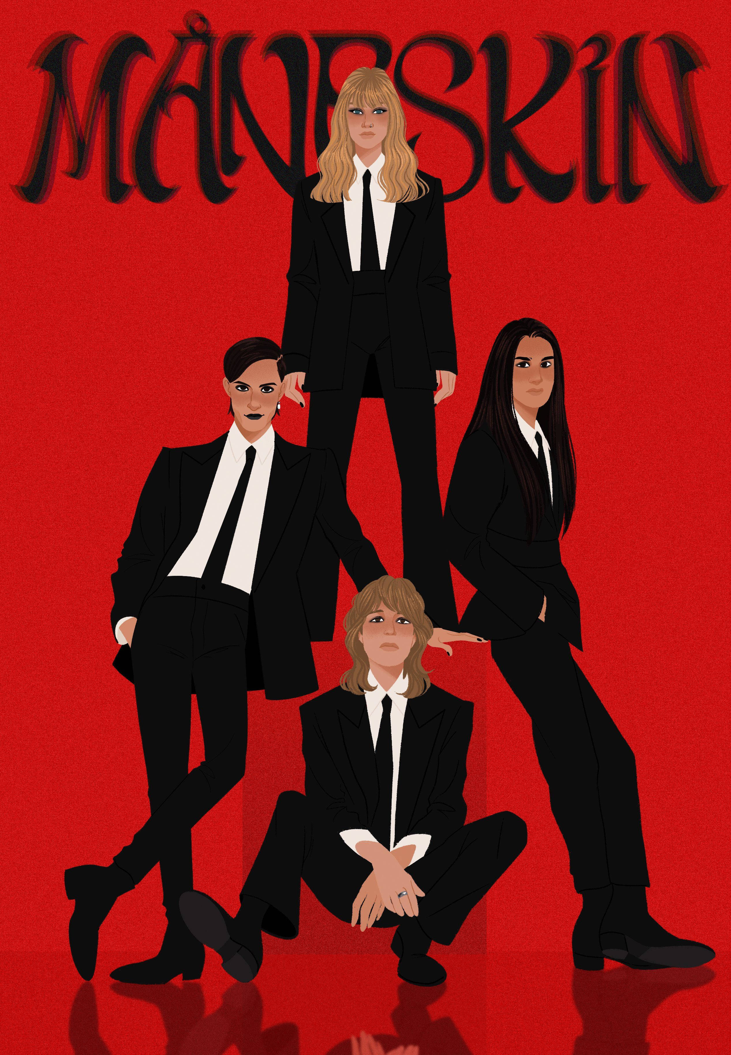 Maneskin 桌布 壁紙 — 四位身穿黑色西裝的風格化樂團成員在鮮紅色背景前擺姿勢，上方有「MANESKIN」文字。