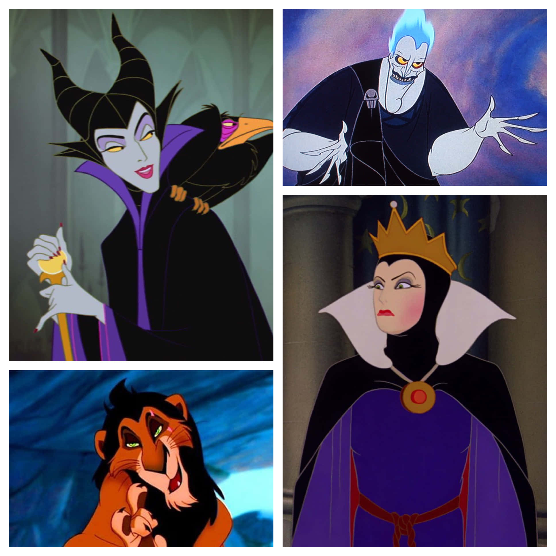 Cartoon Villains 桌布 壁紙 — 四位迪士尼反派和一隻獅子幼崽，以經典動畫風格呈現，帶有黑暗魔法主題。