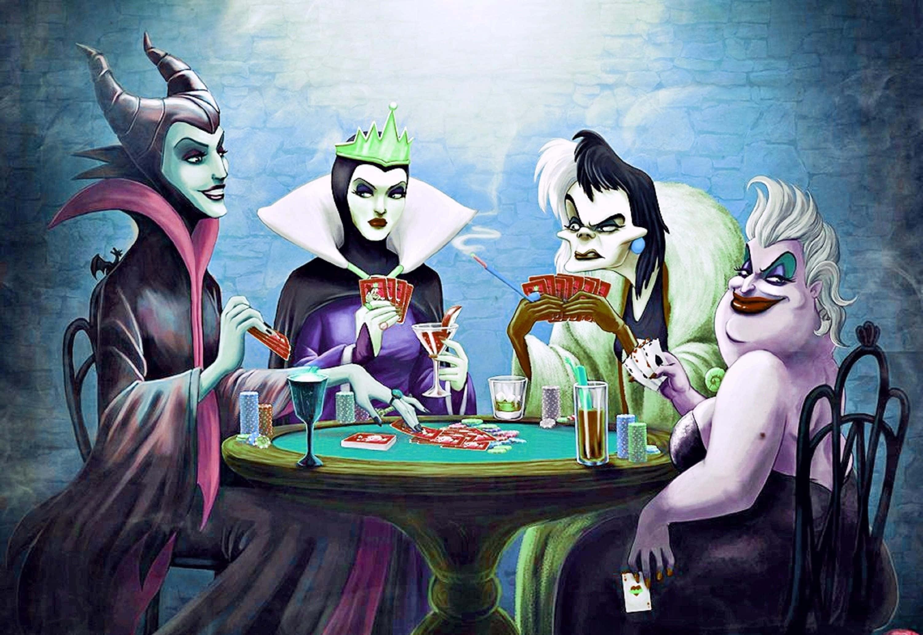 Cartoon Villains 桌布 壁紙 — 四位迪士尼反派在昏暗的石室中圍著綠色毛氈桌打撲克。