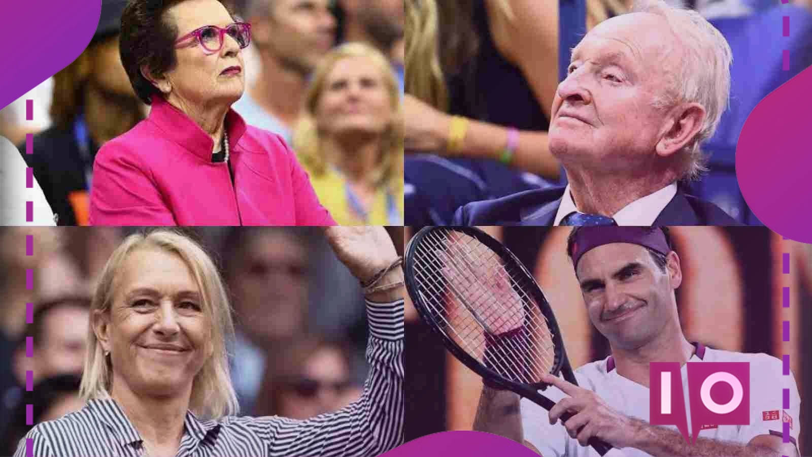 Tennis 桌布 壁紙 — 四位運動員及官員在一個充滿活力的紫色圖形拼貼中，於網球賽事中。