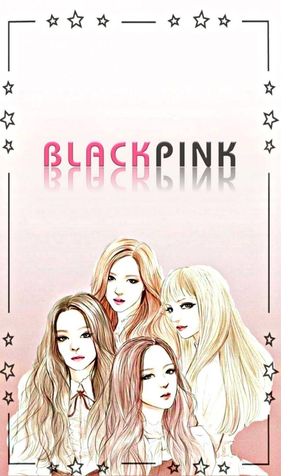 四位長髮的動漫風格K-pop偶像，在由星星框住的粉紅色背景中。 — Blackpink 動畫 GIF 壁紙