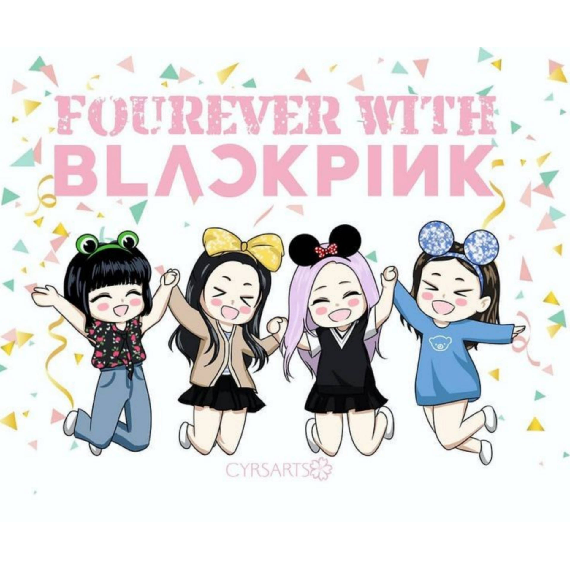 四位動畫Blackpink成員以紙屑和歡樂表情慶祝。 — Blackpink 動畫 GIF 壁紙