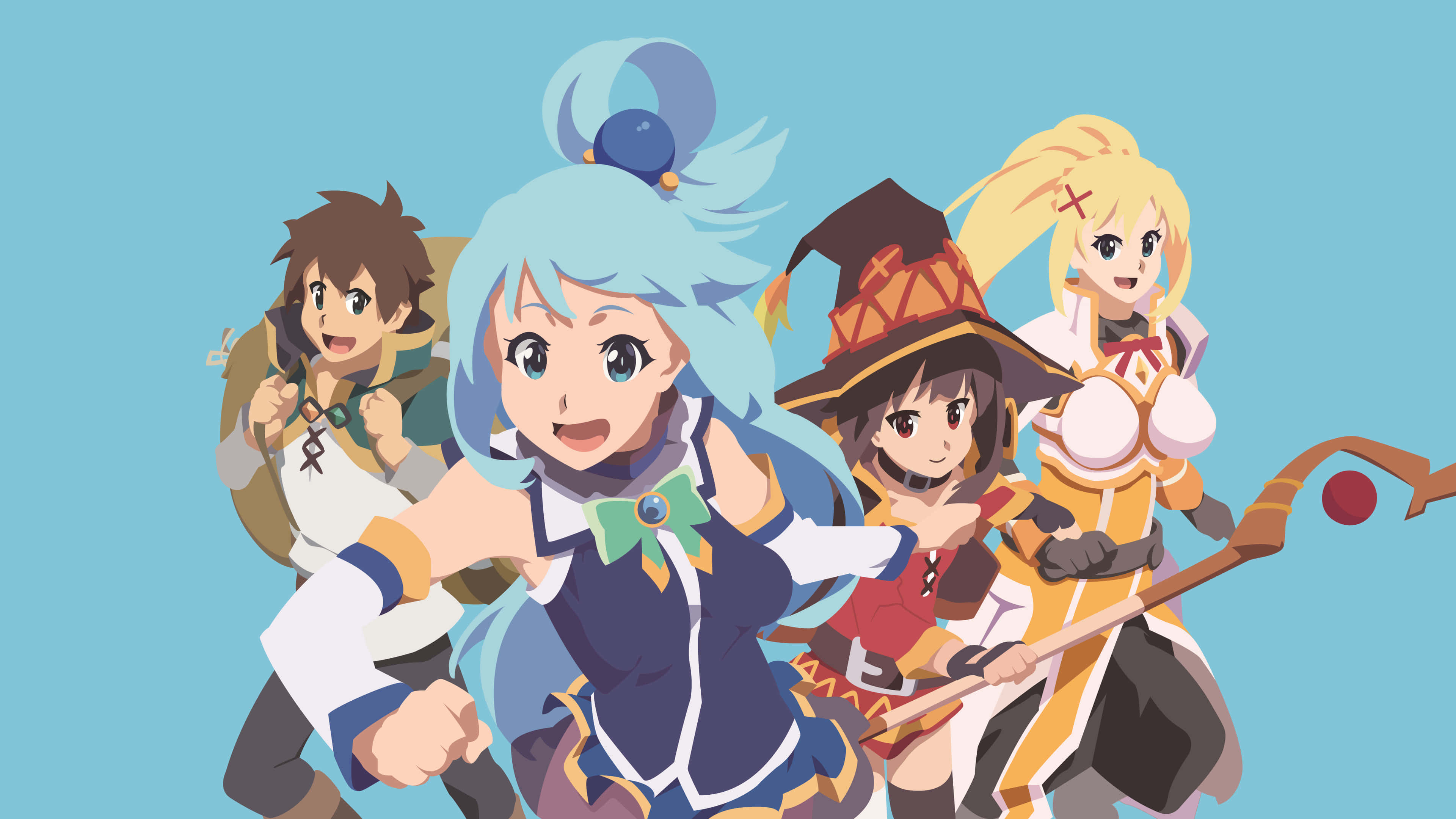 Konosuba 桌布 壁紙 — 四位開心的動漫冒險者穿著奇幻服裝，在純藍色背景前動態擺姿勢。