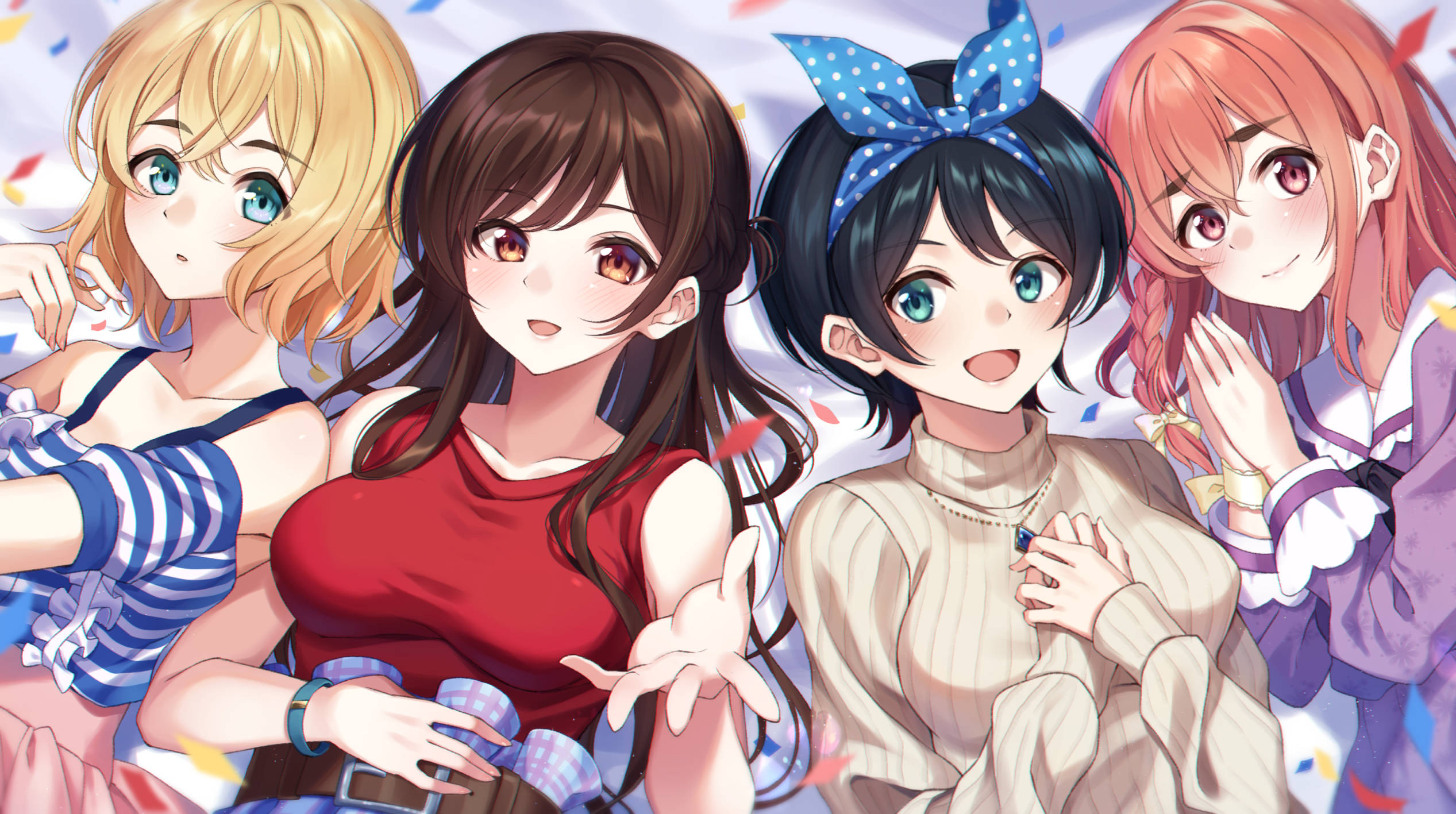 Girlfriend 桌布 壁紙 — 四位開朗的動漫女孩，擁有色彩繽紛的頭髮和節日服裝，在飄落的五彩紙屑中一起擺姿勢。