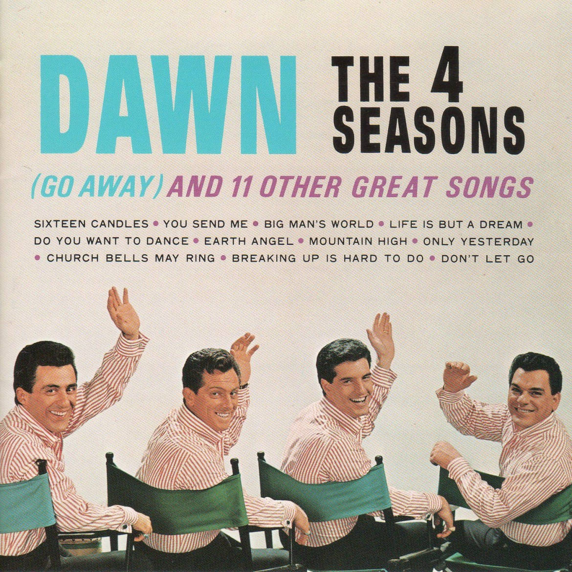 chair 桌布 壁紙 — 四位面帶微笑、身穿條紋襯衫的男子在The Four Seasons的復古專輯封面上，從導演椅上揮手。
