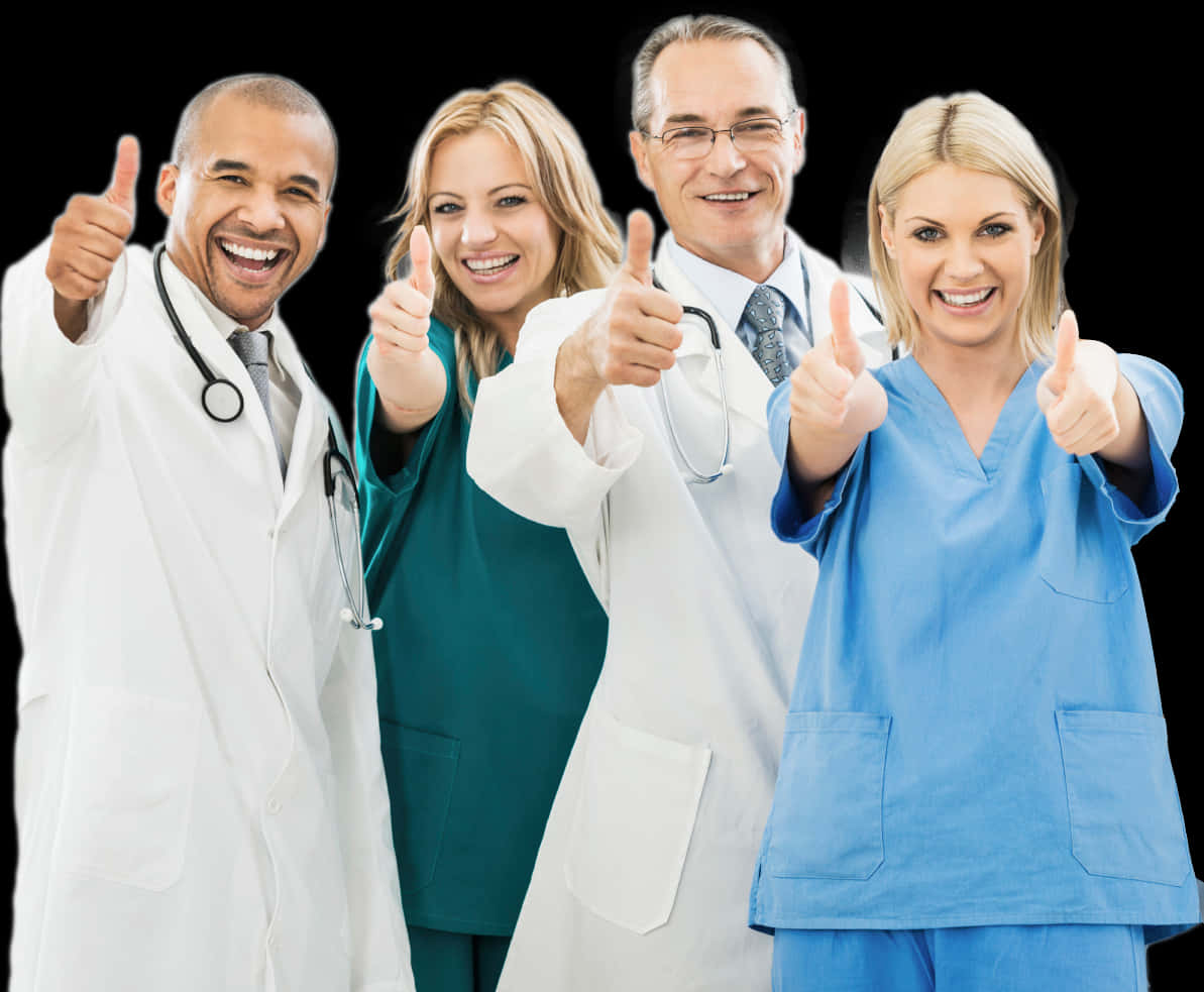 Thumbs Up 桌布 壁紙 — 四位面帶微笑的醫護專業人員身穿白袍和手術服，在黑色背景前熱情地豎起大拇指。
