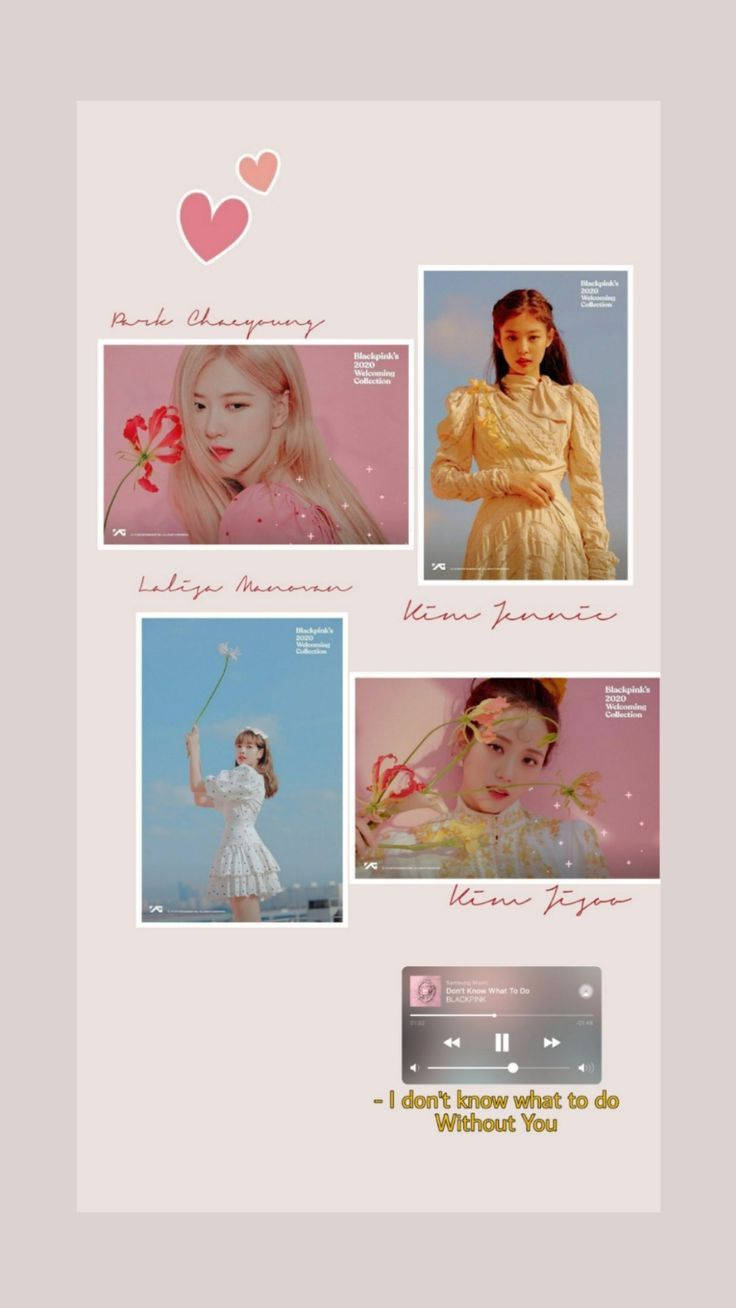 BLACKPINK 桌布 壁紙 — 四位韓國流行歌星的拼貼，採用柔和色調的照片，配上心形圖案和音樂播放器疊加效果。