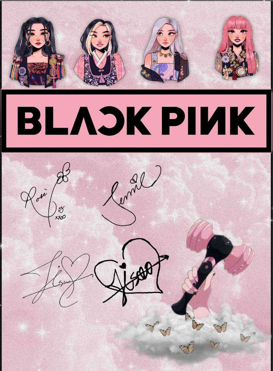 BLACKPINK成員在粉紅色閃亮背景上以簽名和麥克風插圖呈現。 — Blackpink 動畫 GIF 壁紙