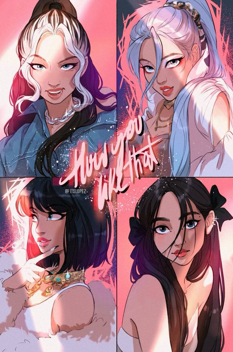 BLACKPINK 桌布 壁紙 — 四位風格化的動漫女孩，擁有鮮豔的頭髮和大膽的妝容，在閃爍的粉紅色背景前自信地擺姿勢。