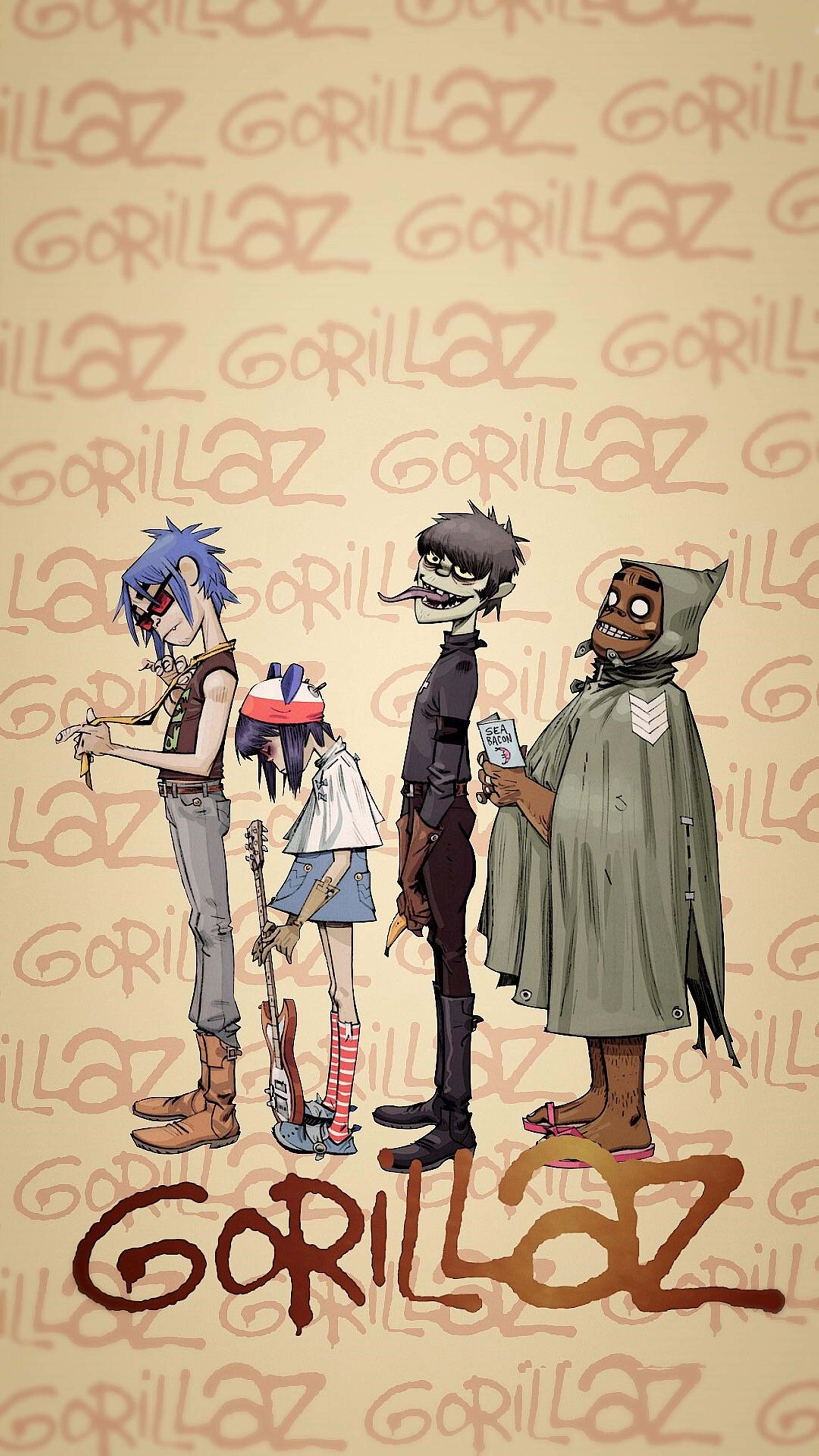 桌布 壁紙 — 四位風格化的卡通樂團成員站在帶有重複Gorillaz文字圖案的米色背景前。