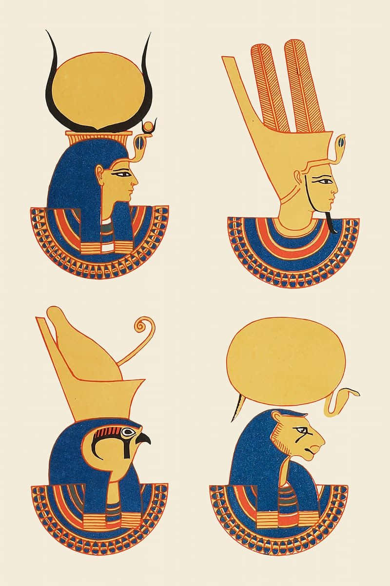 Egyptian Gods 桌布 壁紙 — 四位風格化的古埃及神祇側面像，帶有獨特的頭飾和藍色皮膚，背景為奶油色。