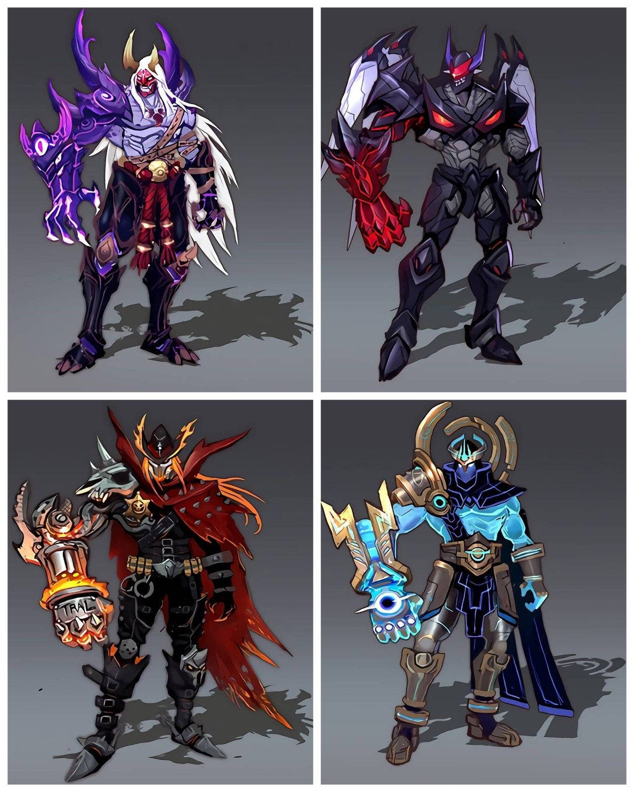 Mobile Legends 動態圖 桌布 壁紙 — 四位風格化的奇幻戰士身穿精細盔甲，各自手持發光武器，背景為純灰色。