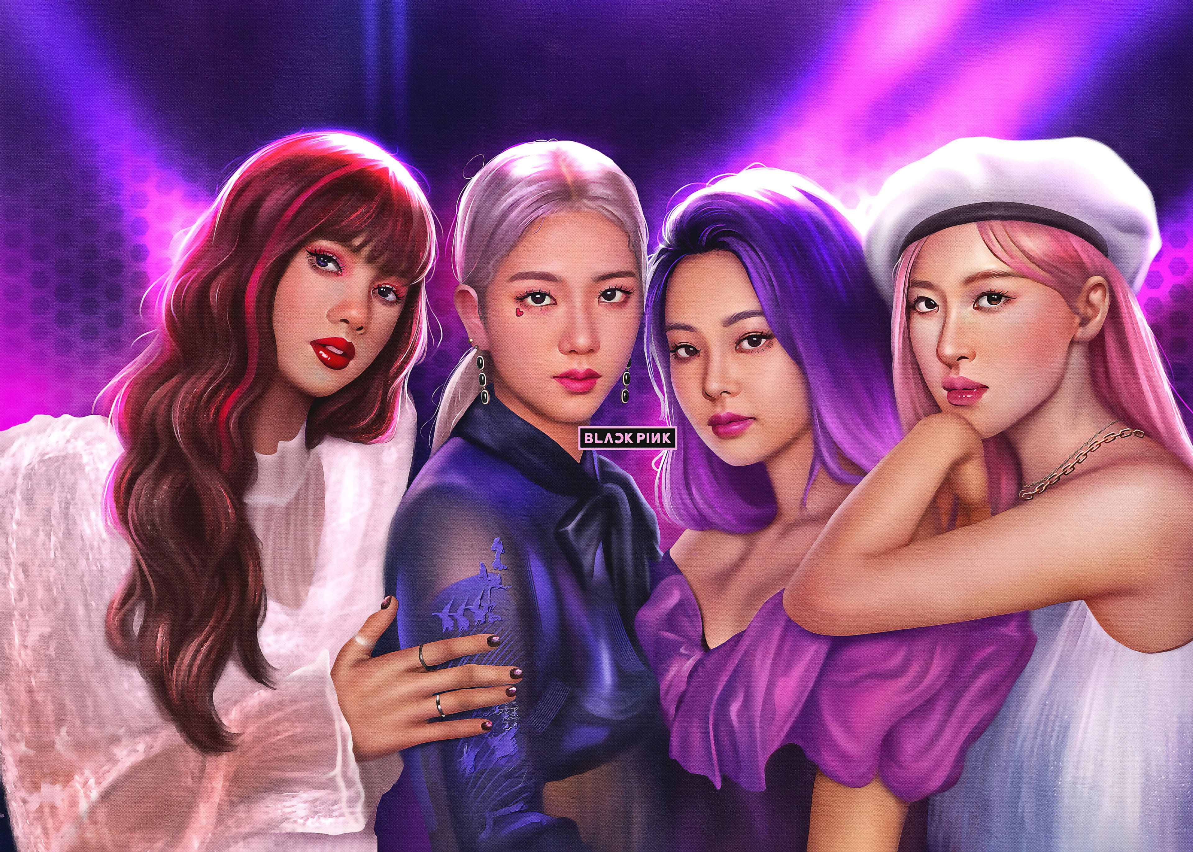 BLACKPINK 桌布 壁紙 — 四位風格化的女性偶像，擁有鮮豔的髮色，在發光的紫色舞台背景前自信地擺姿勢。