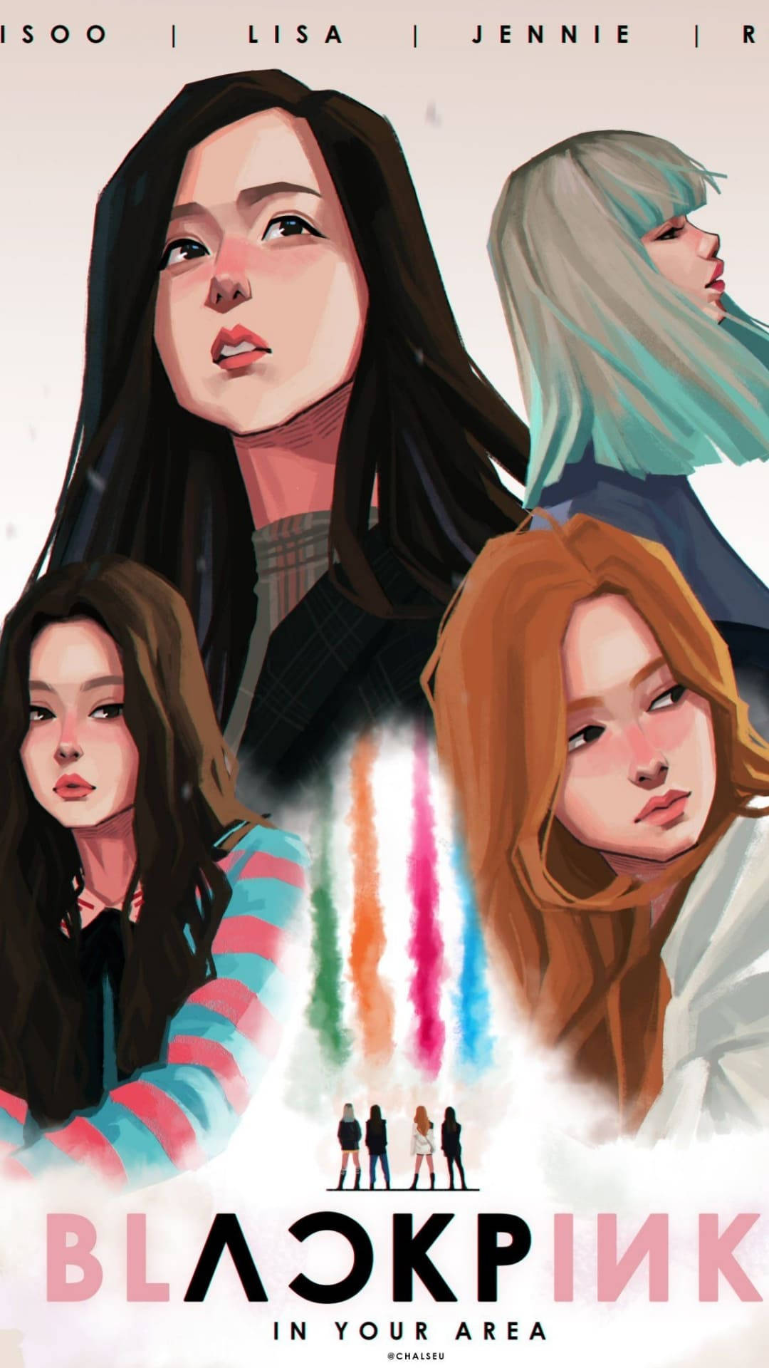 Blackpink Cute 桌布 壁紙 — 四位風格化的女性偶像在柔和背景上仰望，伴隨著彩色光束和下方的小剪影。