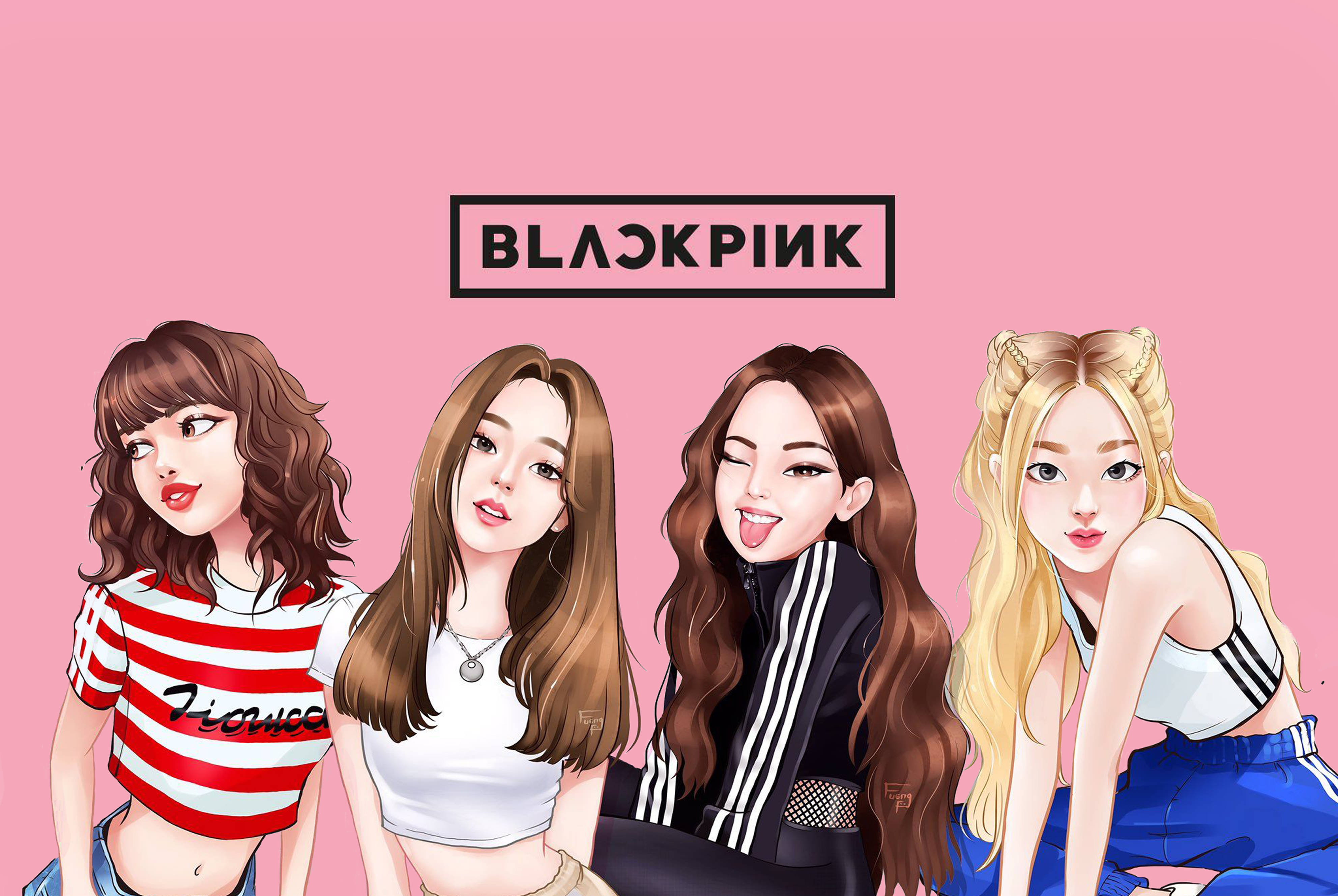 BLACKPINK 桌布 壁紙 — 四位風格化的女性偶像在純粉紅色背景前俏皮地擺姿勢，上方有BLACKPINK標誌。