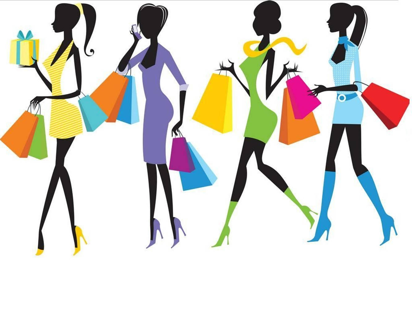 Shopping 桌布 壁紙 — 四位風格化的女性穿著色彩繽紛的連衣裙和高跟鞋，手持充滿活力的購物袋行走。