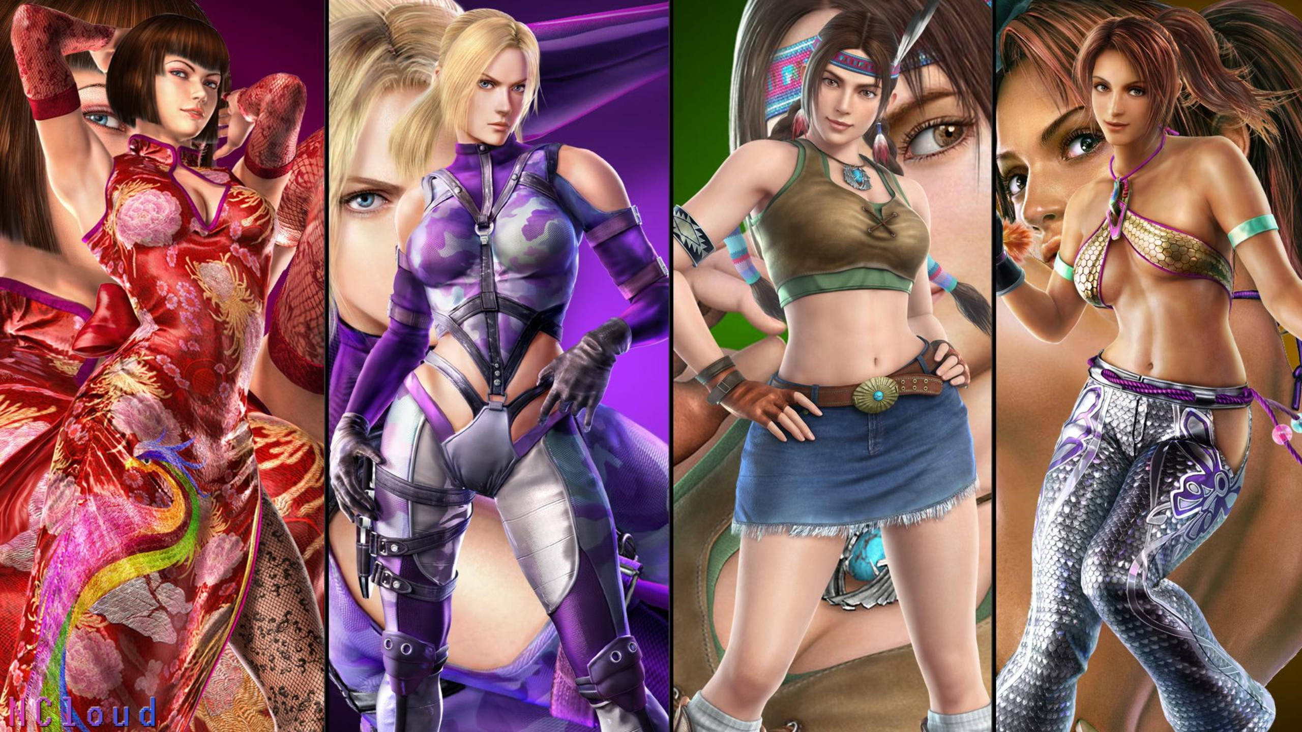 Tekken 桌布 壁紙 — 四位風格化的女戰士穿著鮮豔服裝，在色彩繽紛的背景前自信地擺出姿勢。