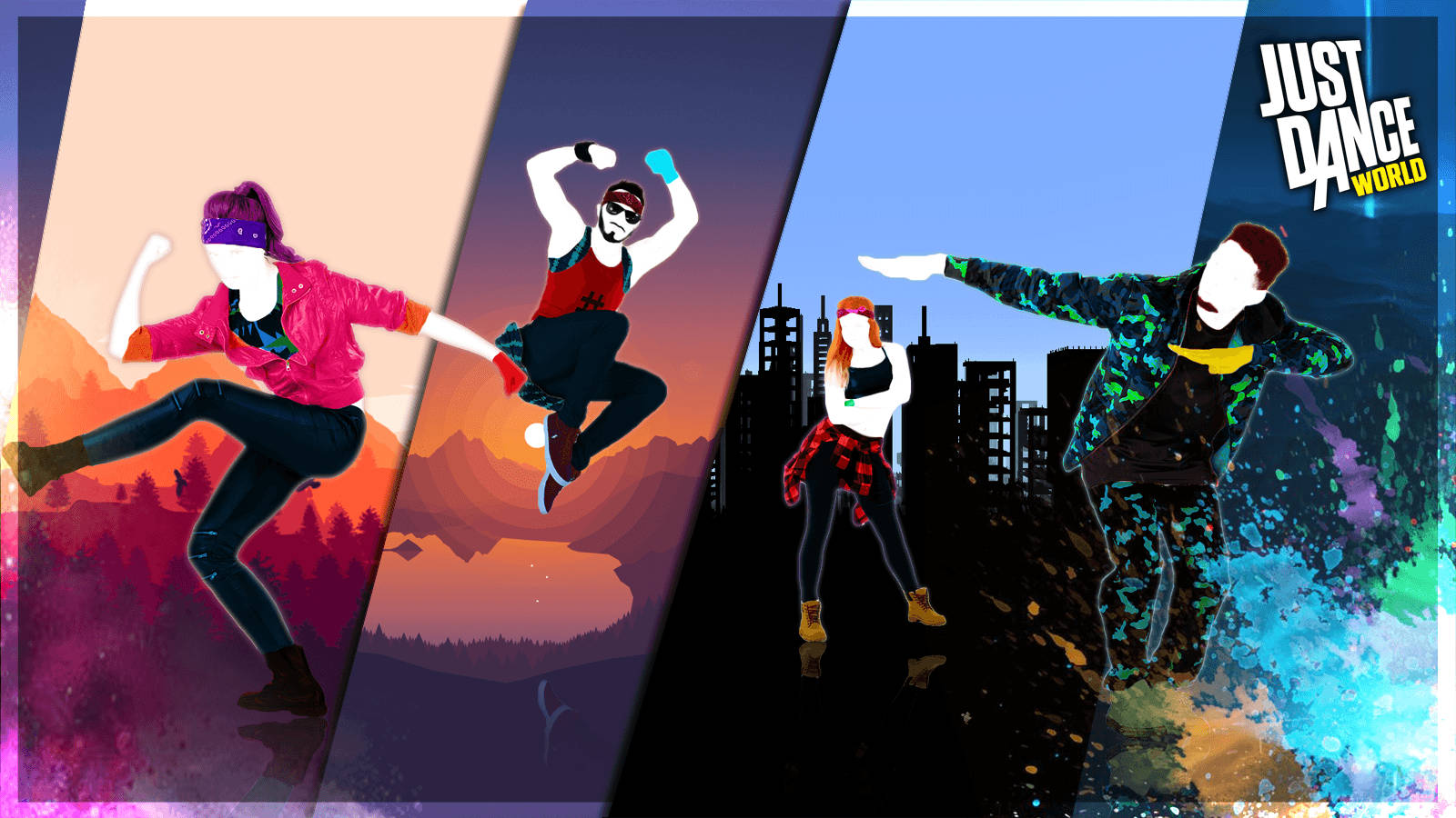 Just Dance 桌布 壁紙 — 四位風格化的舞者穿著鮮豔服裝，在色彩繽紛的分段背景上動態跳躍，背景包括山脈和城市景觀。