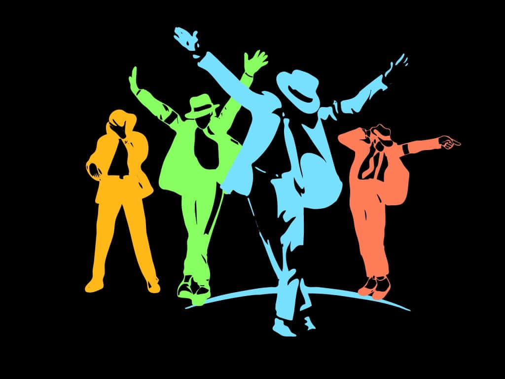 Pop Music 桌布 壁紙 — 四位風格化的舞者穿著鮮豔的西裝，在黑色背景前擺出動態姿勢。