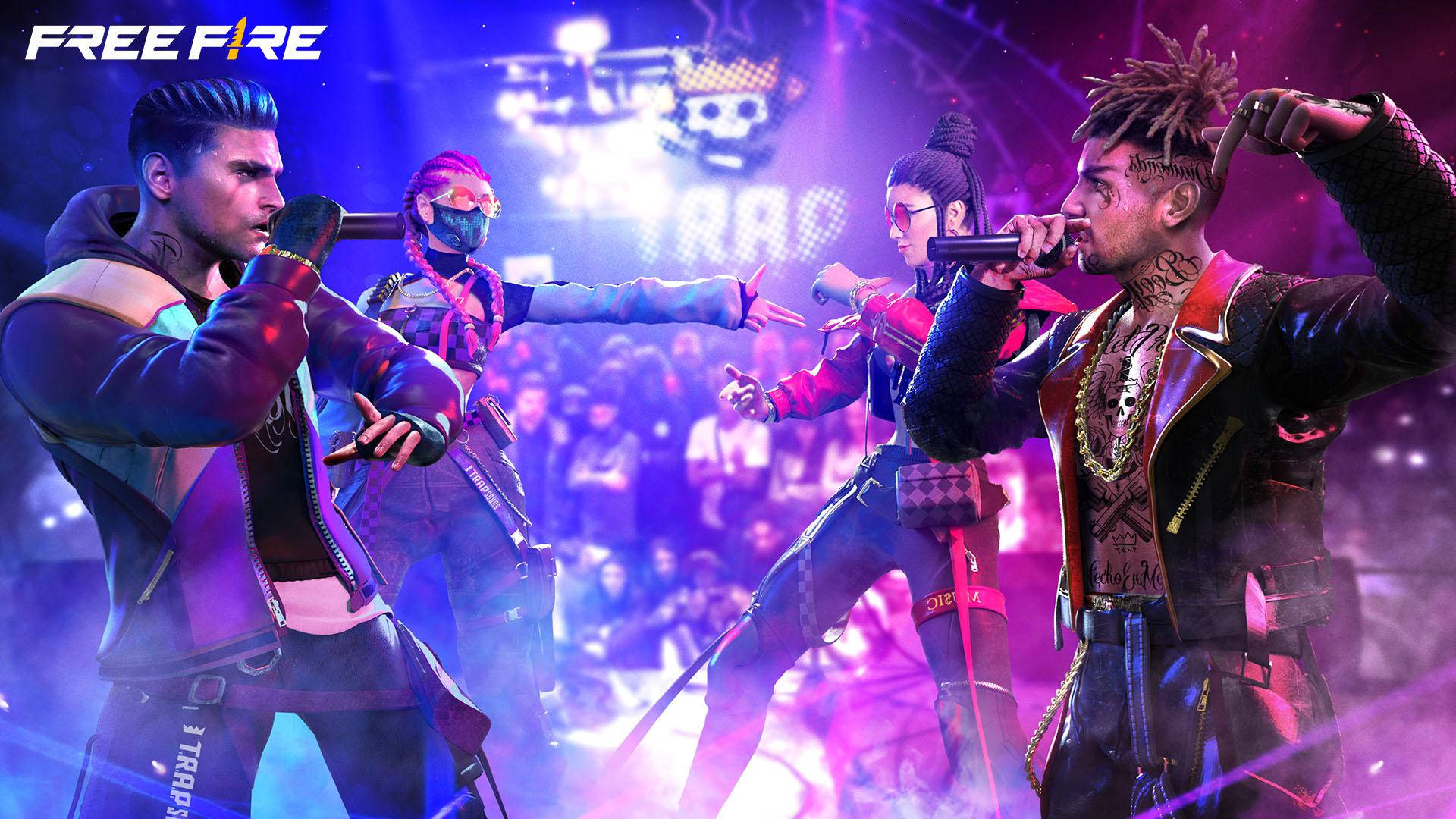 Free Fire 嘻哈套裝 桌布 壁紙 — 四位風格化的遊戲玩家在充滿活力的霓虹燈音樂會舞台上，帶有發光效果和背景人群。