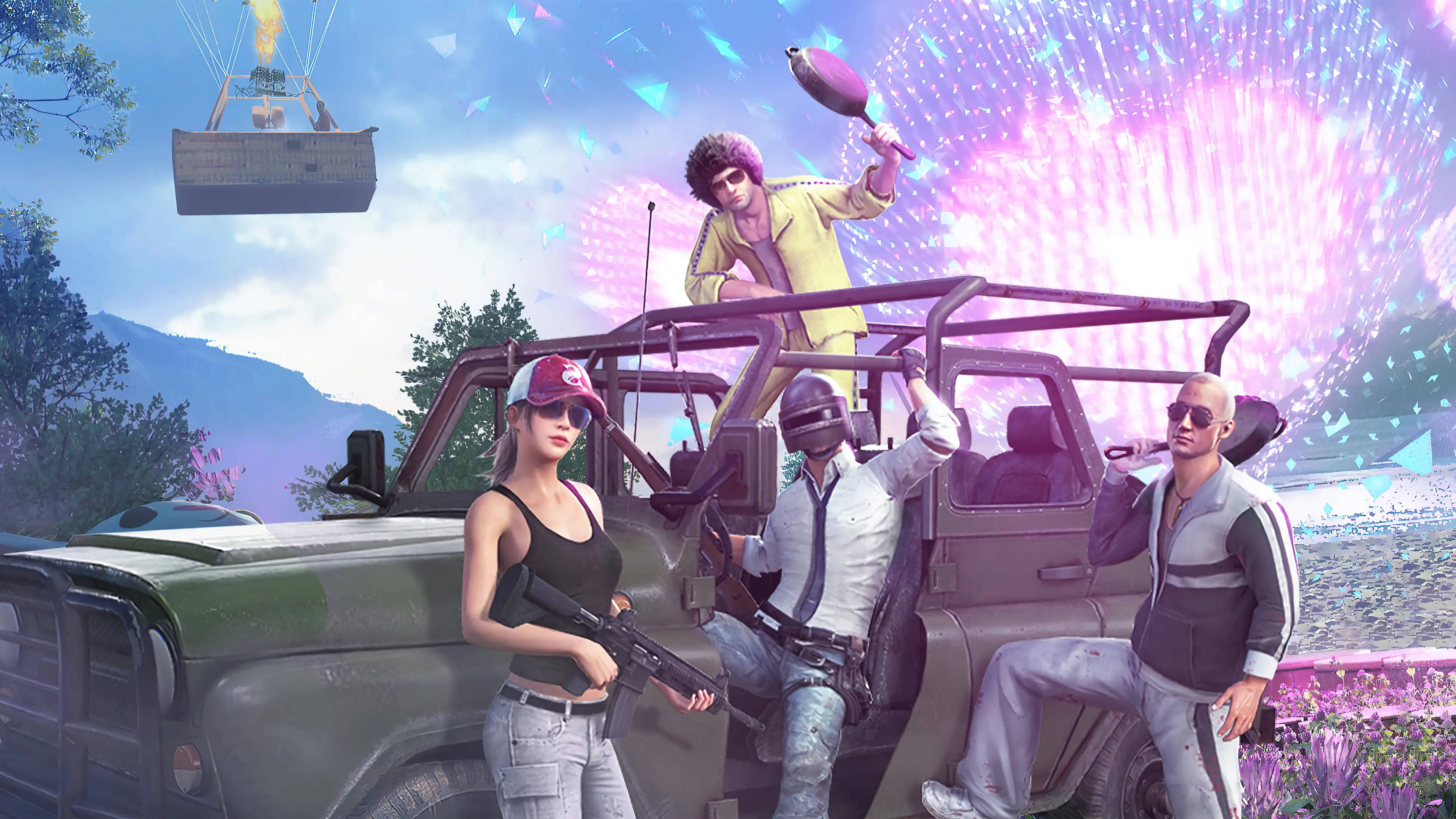 Playerunknown's Battlegrounds 桌布 壁紙 — 四位風格化的遊戲玩家在熱氣球和發光粒子效果的天空下，圍著一輛堅固的吉普車擺出持武器的姿勢。