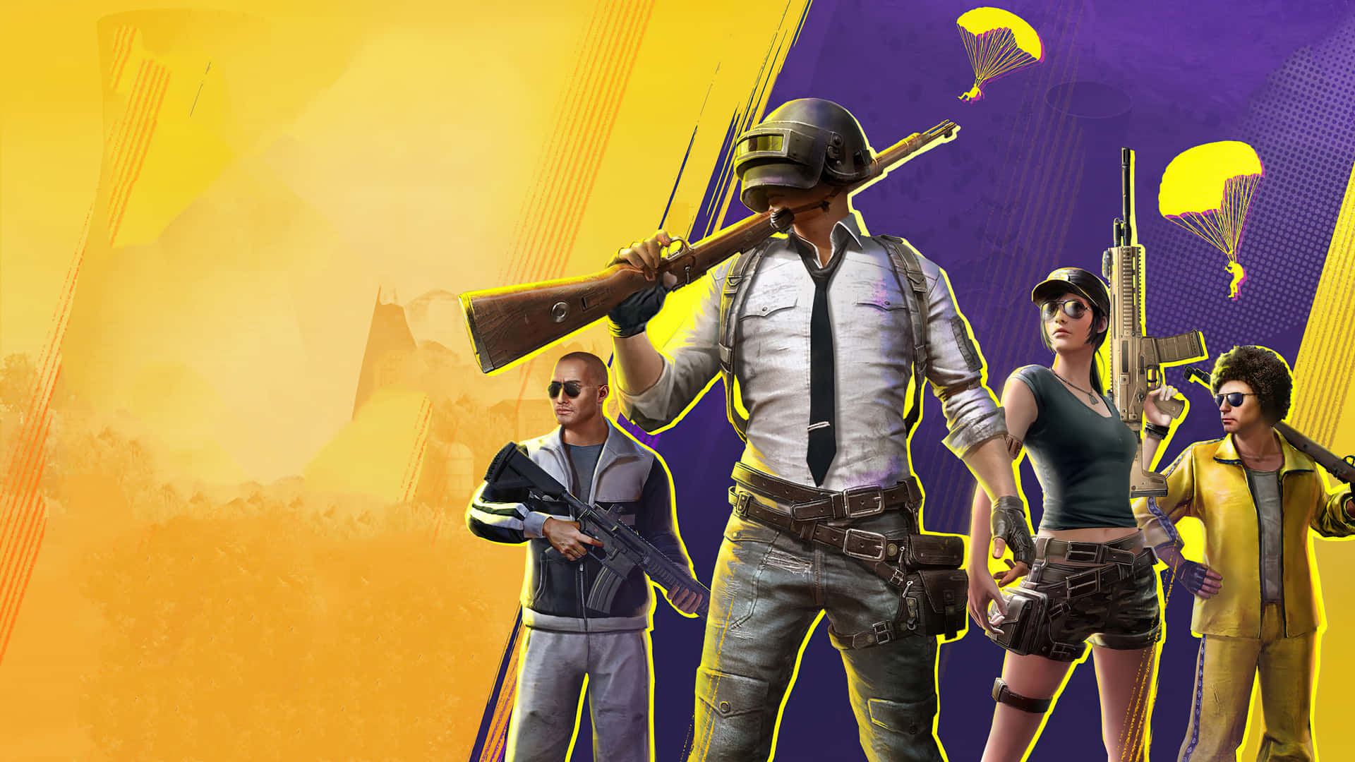 pubg mobile 桌布 壁紙 — 四位風格化的遊戲角色身穿戰鬥裝備，在充滿活力的黃紫漸變背景前自信站立，背景中還有降落傘。