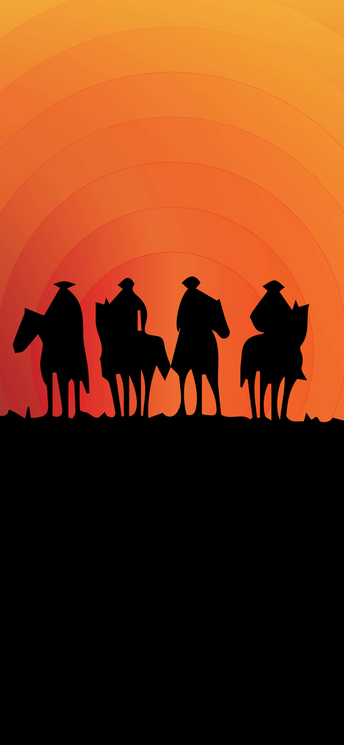 Western Cowboy iPhone 桌布 壁紙 — 四位騎馬者以剪影姿態站立，背景是帶有同心圓漸層的耀眼橙色日落。