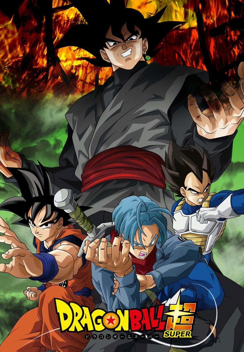 Vegeta And Trunks 桌布 壁紙 — 四位龍珠超戰士在火熱的綠色背景前擺出動態戰鬥姿勢。