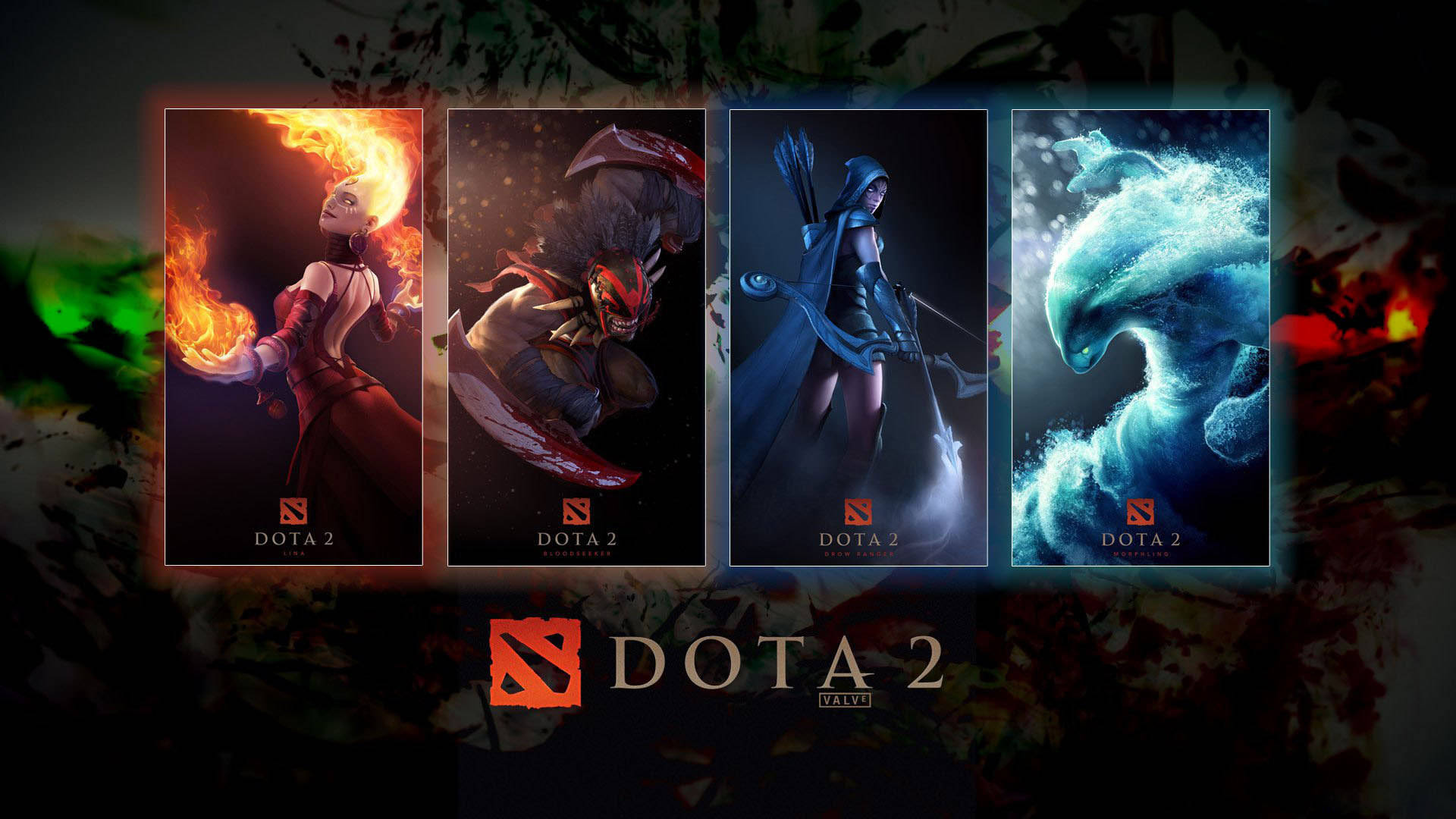 Dota 2 4K 桌布 壁紙 — 四個 Dota 2 英雄肖像在黑暗抽象背景前閃耀著火焰水元素魔法。