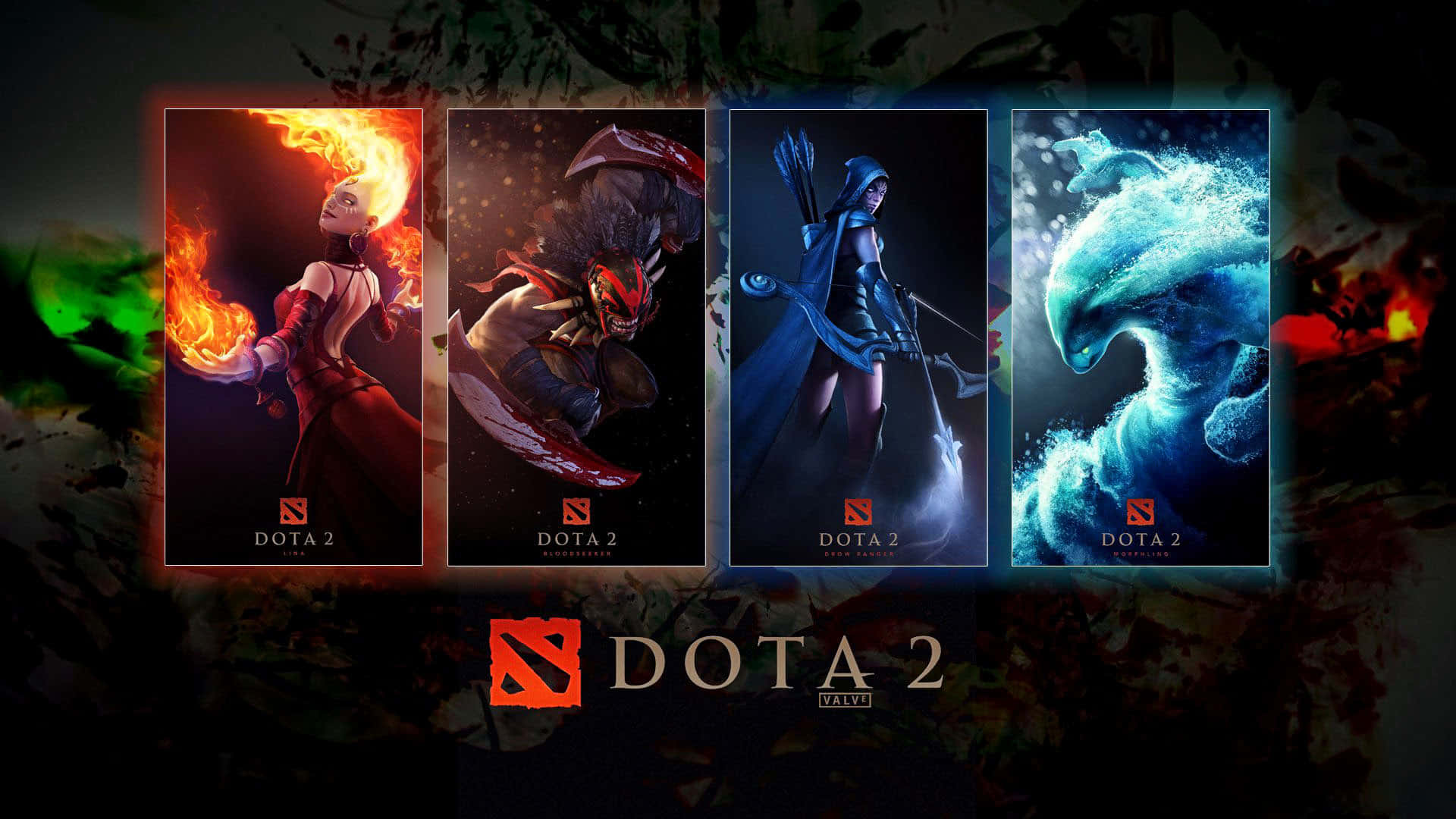 電玩遊戲 桌布 壁紙 — 四個 Dota 2 英雄肖像在黑暗抽象背景上閃耀著火熱的水元素魔法。