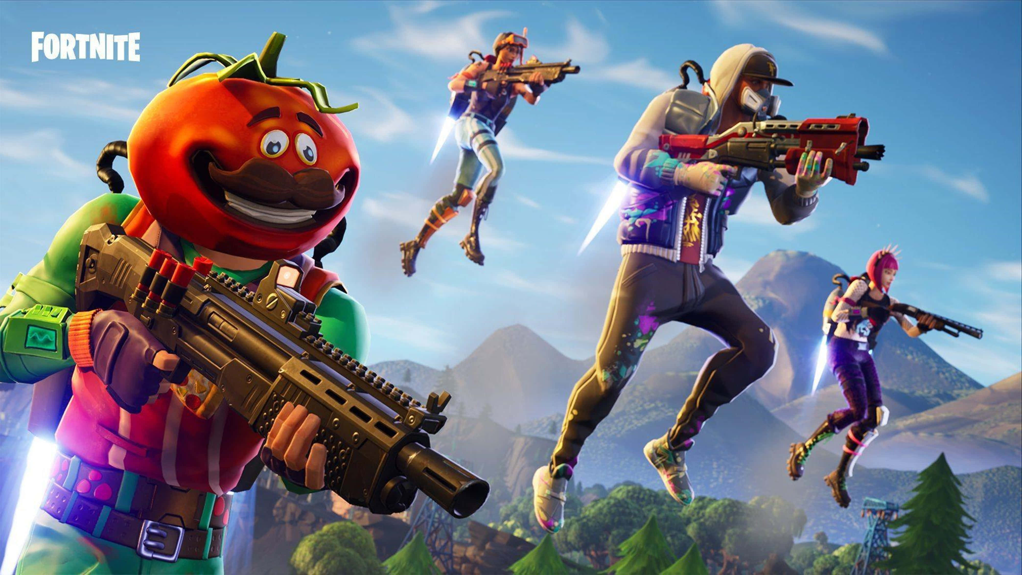 Fortnite 桌布 壁紙 — 四個 Fortnite 角色持槍在明亮的天空中跳躍，下方是山脈景觀。